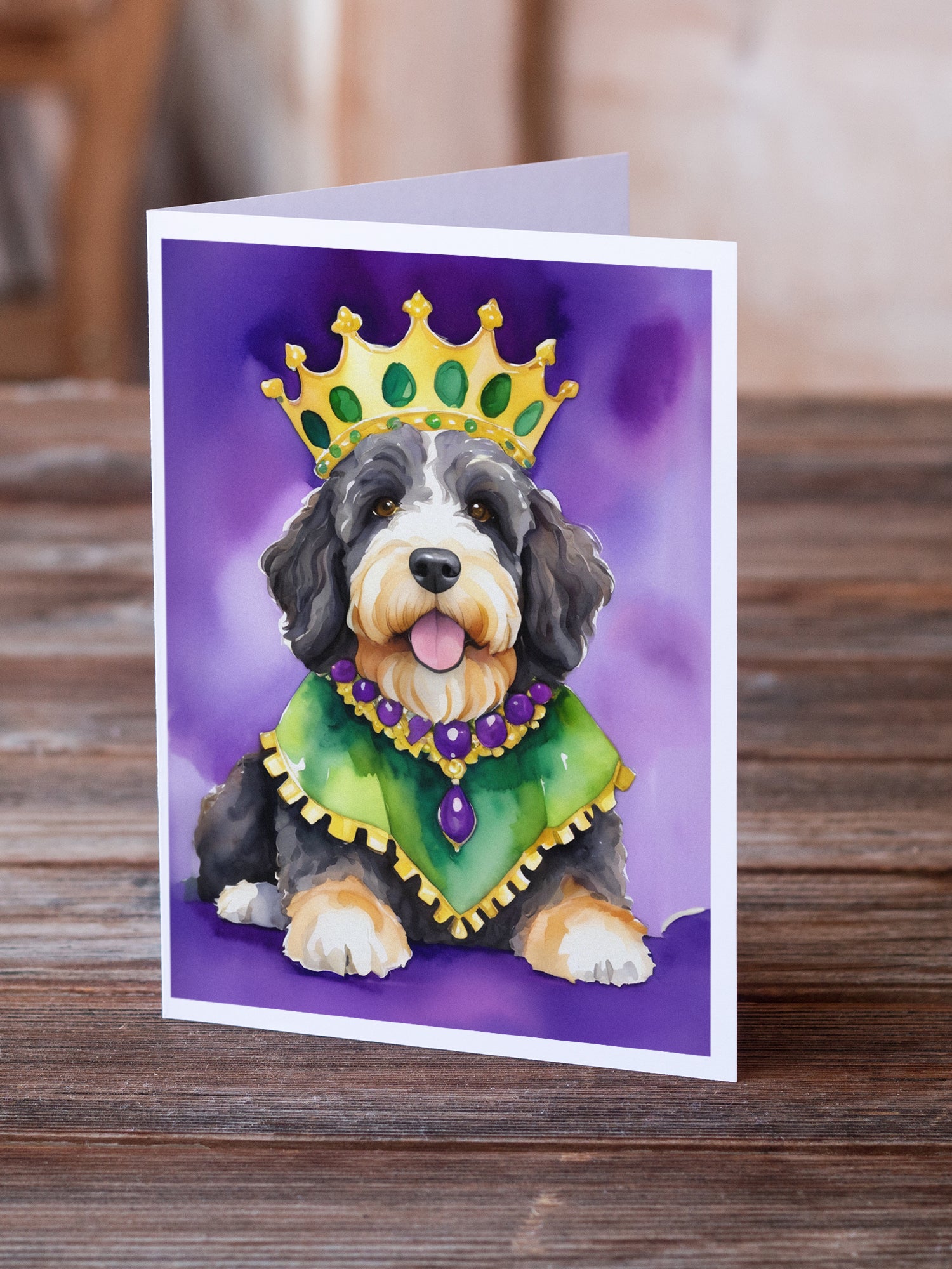 Bernedoodle King of Mardi Gras Greeting Cards Pack of 8