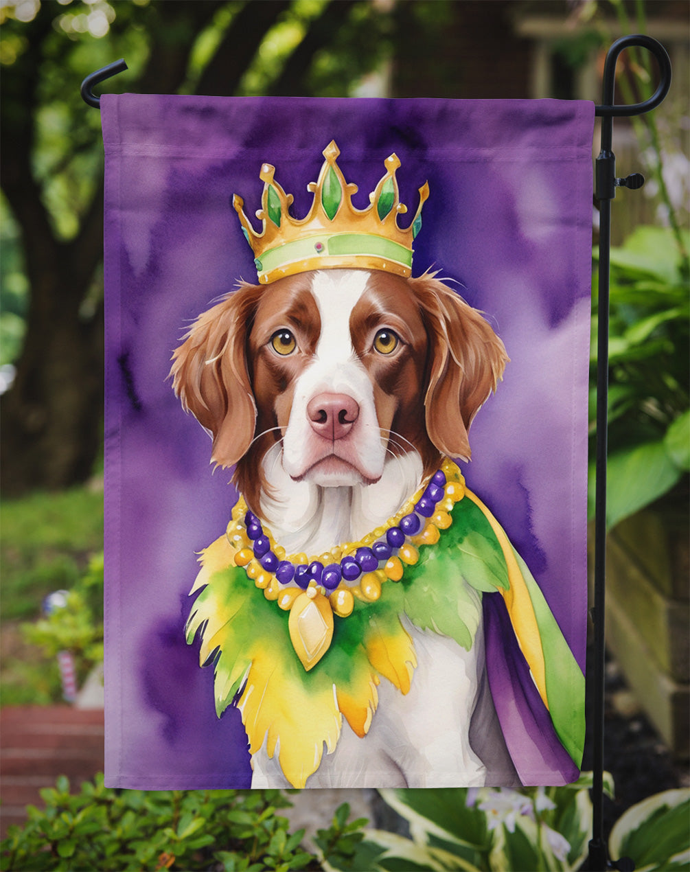 Brittany Spaniel King of Mardi Gras Garden Flag