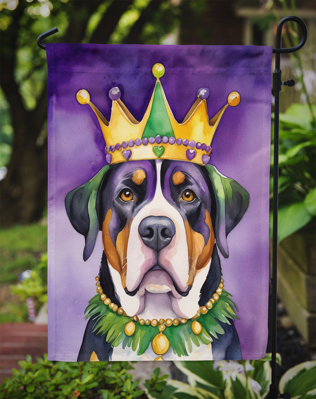 Greater Swiss Mountain Dog King of Mardi Gras Garden Flag