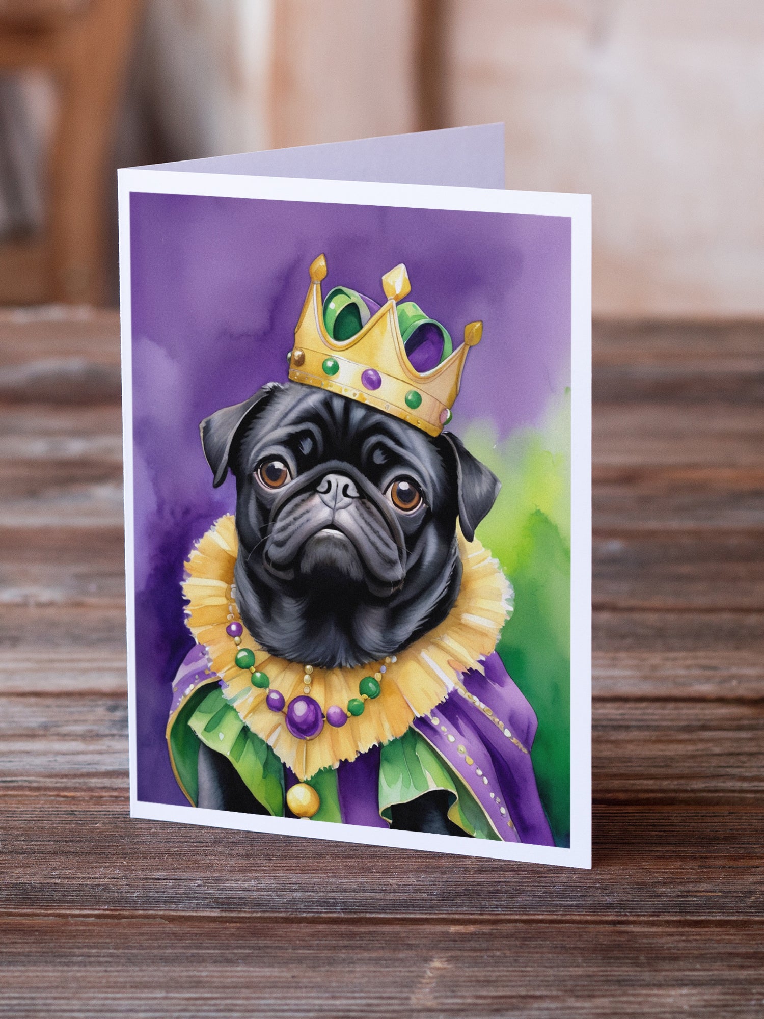 Black Pug King of Mardi Gras Greeting Cards Pack of 8