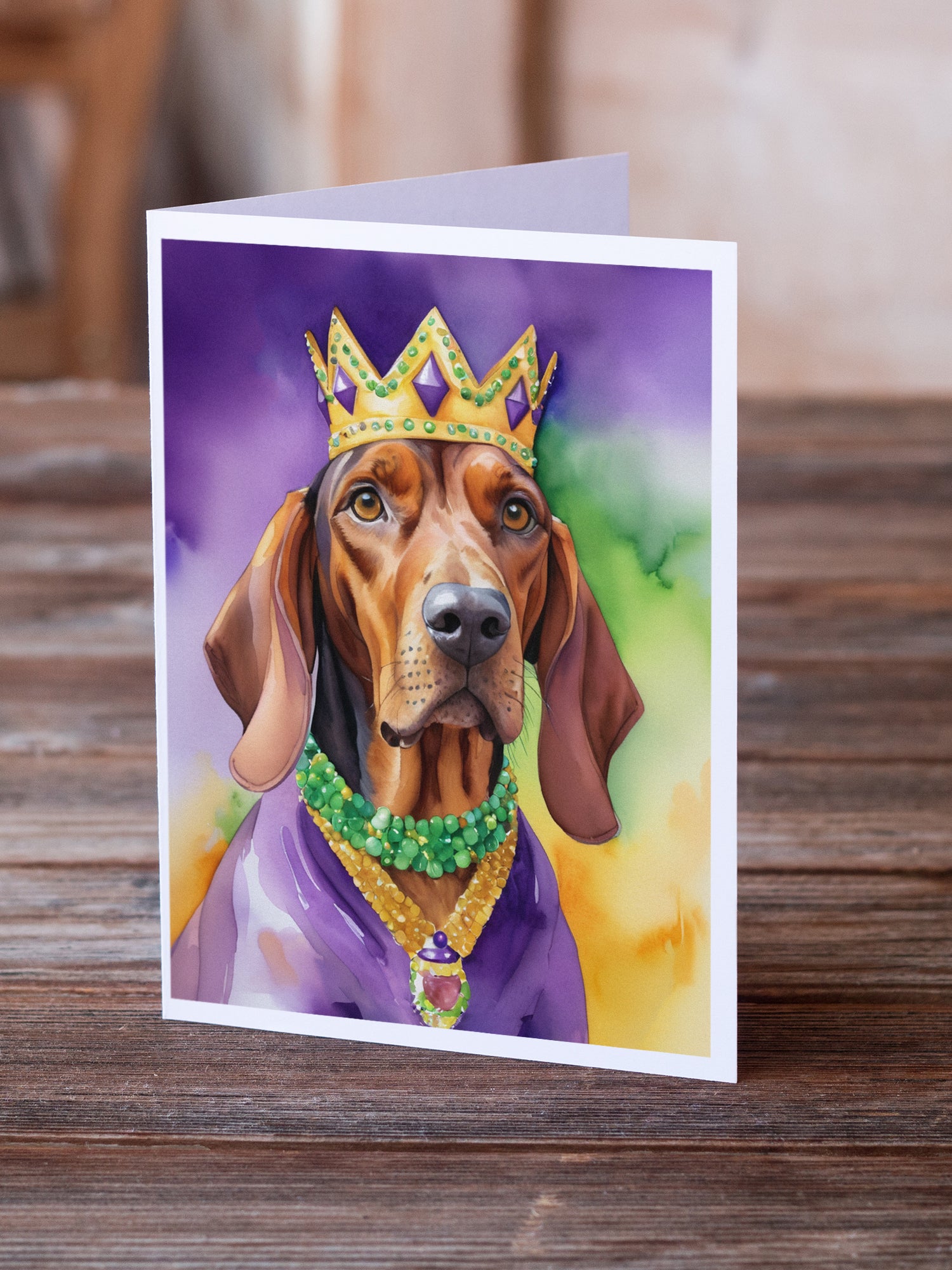 Redbone Coonhound King of Mardi Gras Greeting Cards Pack of 8