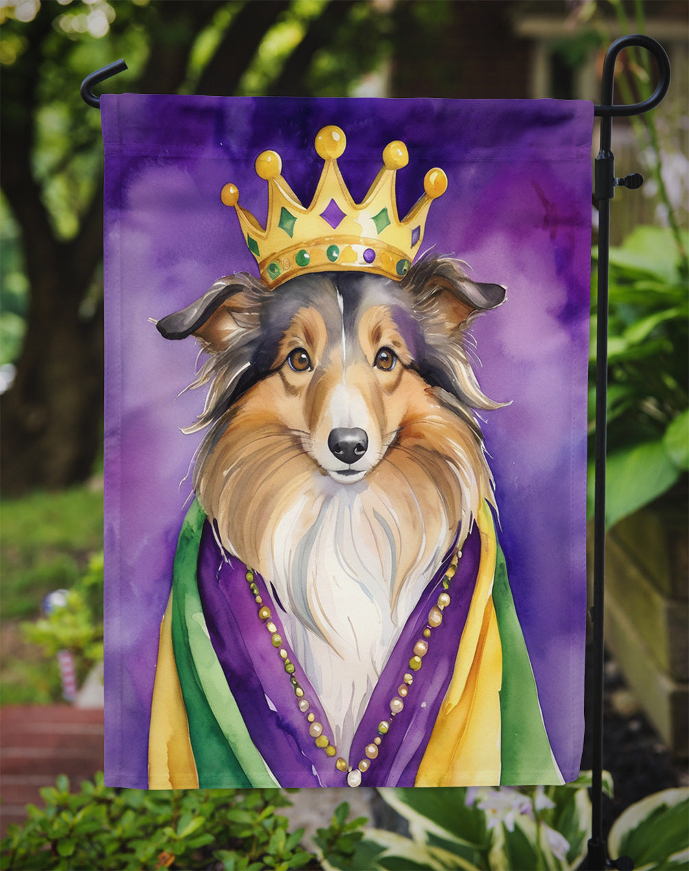 Sheltie King of Mardi Gras Garden Flag