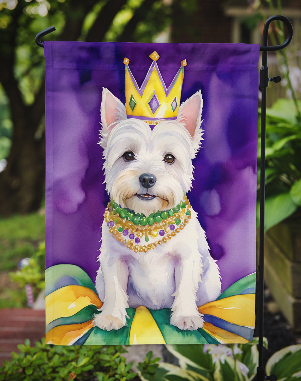 Westie King of Mardi Gras Garden Flag