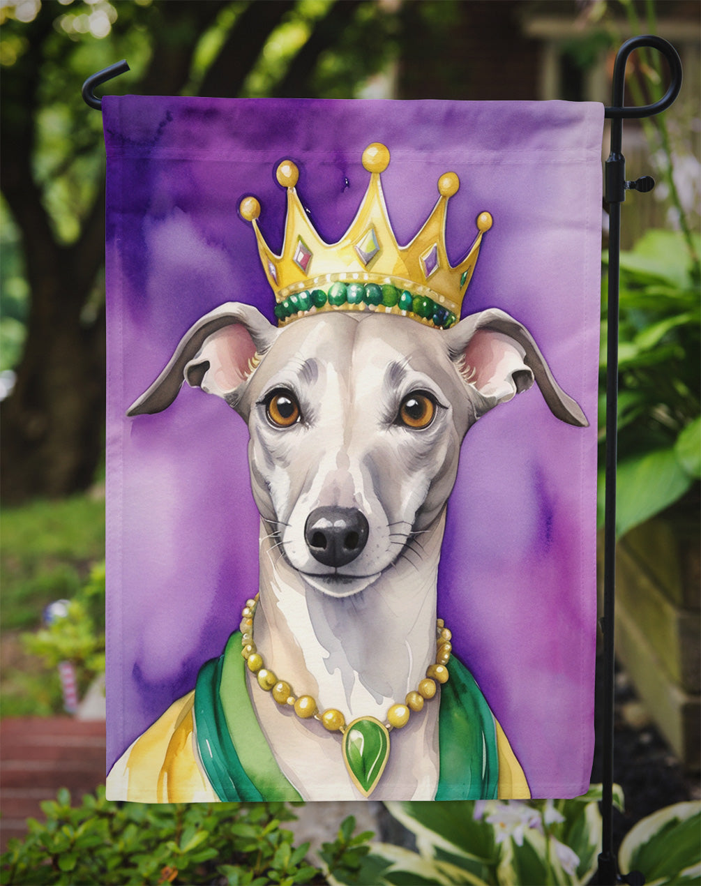 Whippet King of Mardi Gras Garden Flag