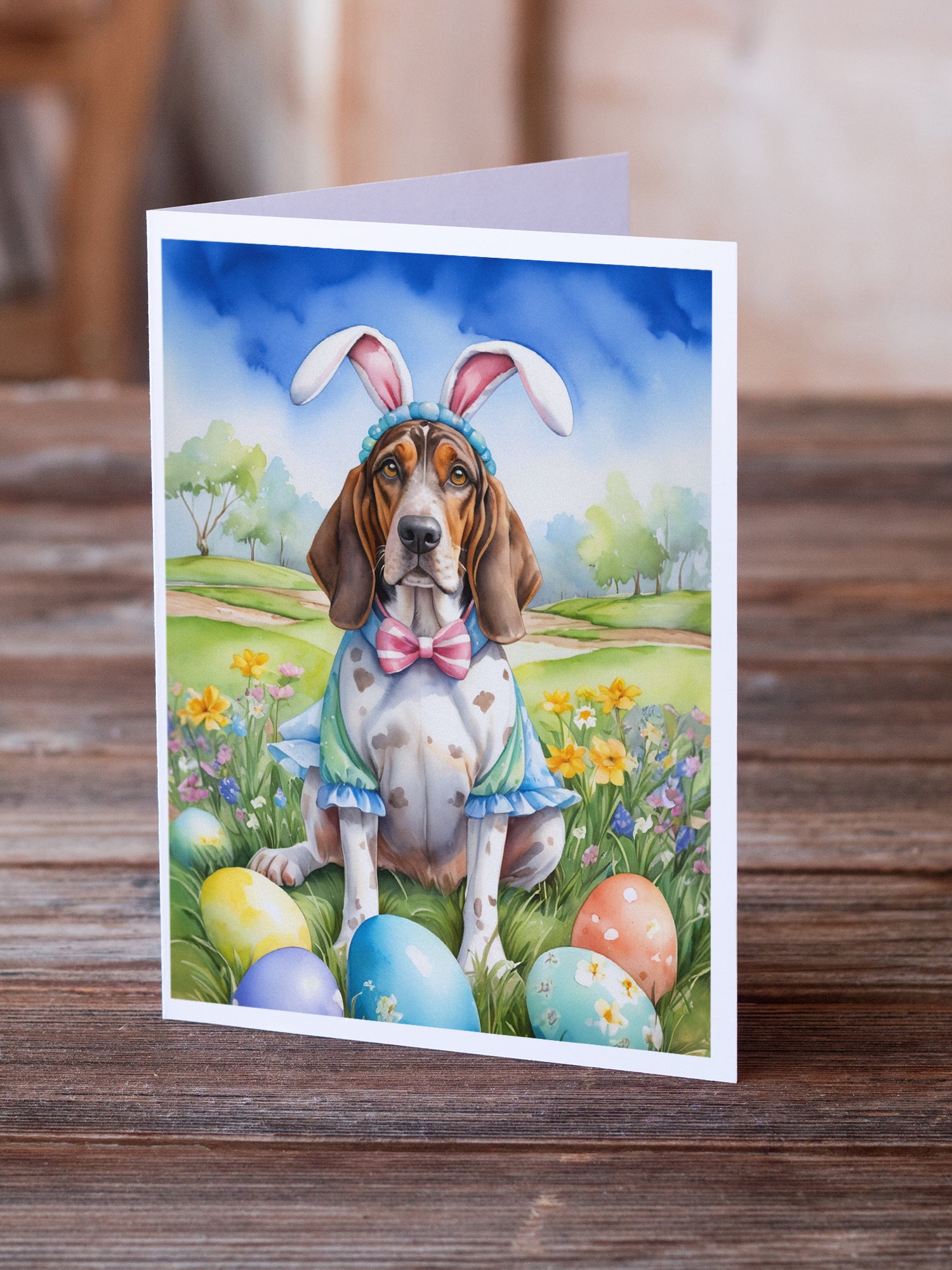 Buy this American English Coonhound Easter Egg Hunt Greeting Cards Pack of 8