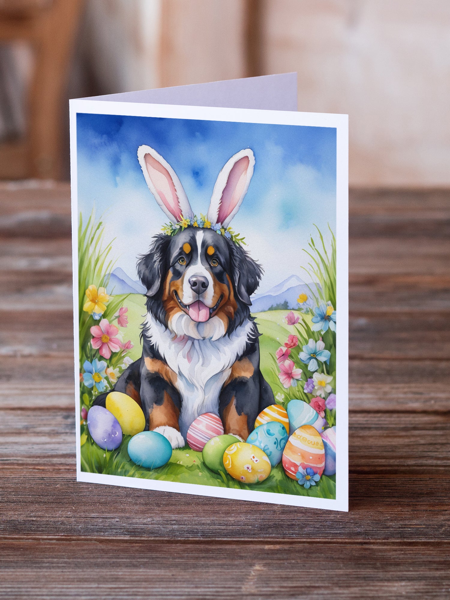 Buy this Bernese Mountain Dog Easter Egg Hunt Greeting Cards Pack of 8