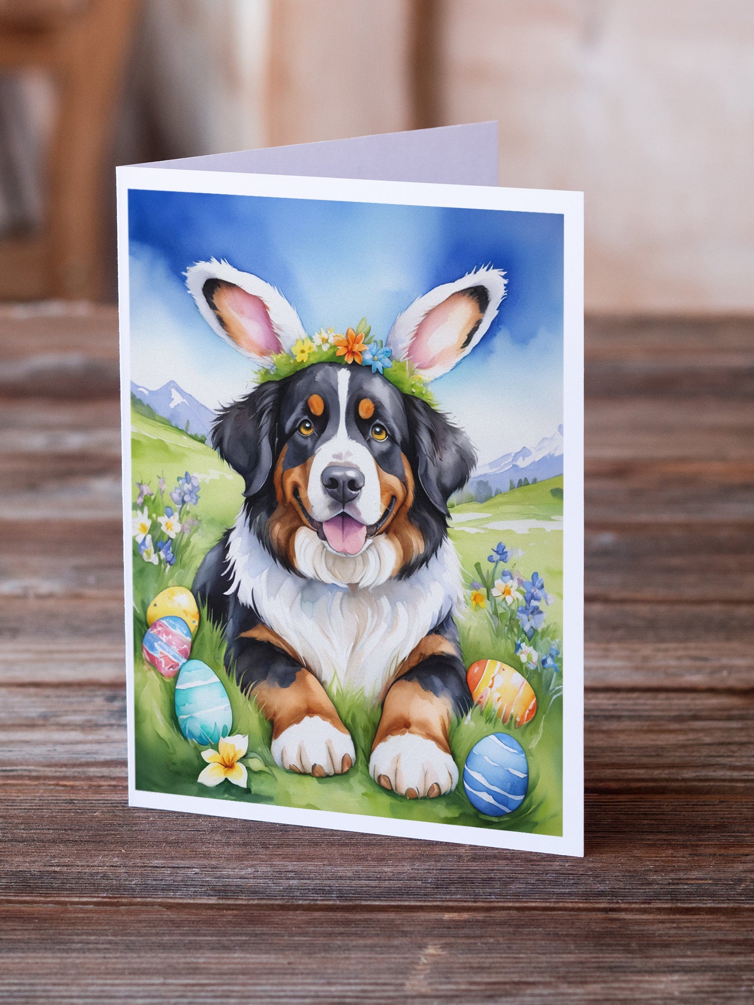 Buy this Bernese Mountain Dog Easter Egg Hunt Greeting Cards Pack of 8