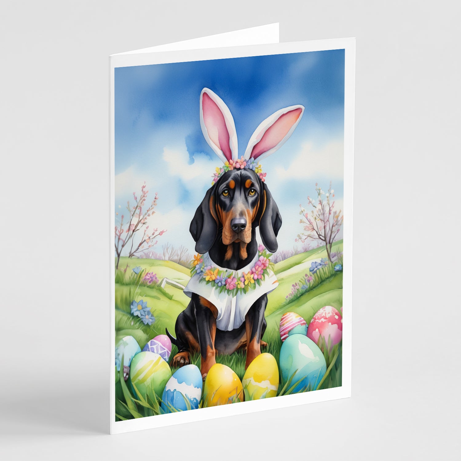 Buy this Black and Tan Coonhound Easter Egg Hunt Greeting Cards Pack of 8