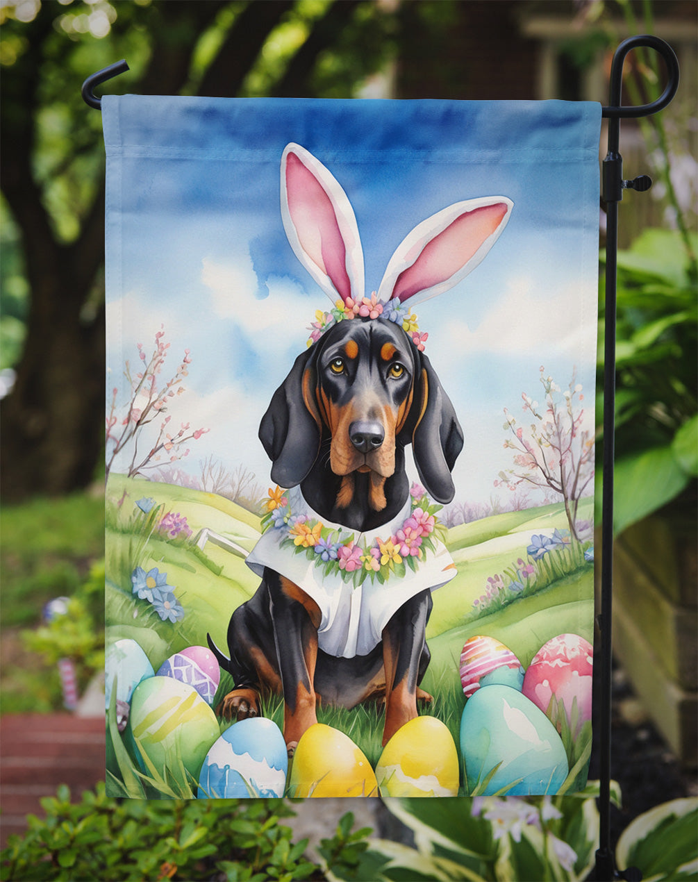 Black and Tan Coonhound Easter Egg Hunt Garden Flag