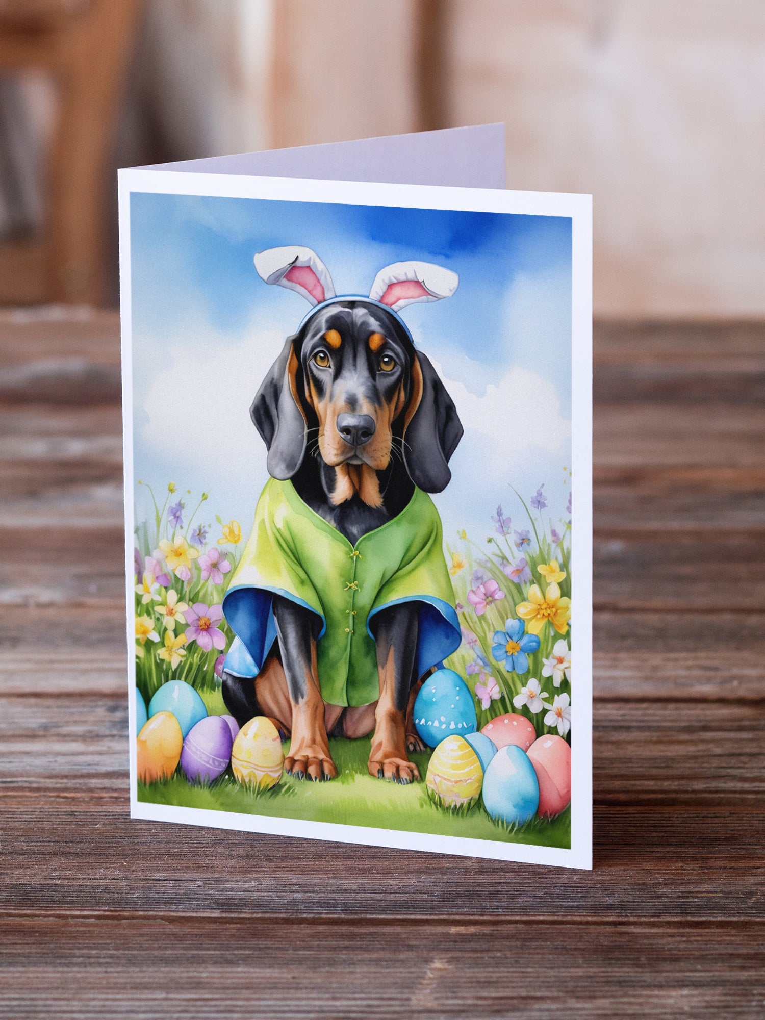 Black and Tan Coonhound Easter Egg Hunt Greeting Cards Pack of 8