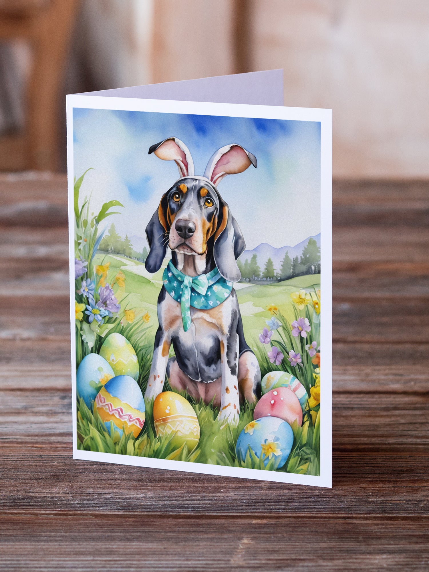 Buy this Bluetick Coonhound Easter Egg Hunt Greeting Cards Pack of 8