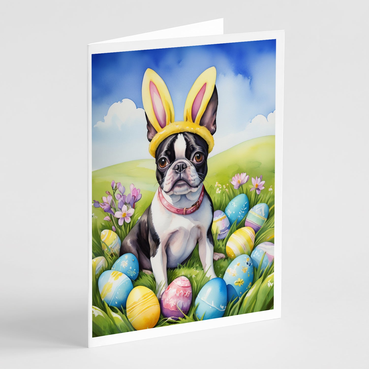 Buy this Boston Terrier Easter Egg Hunt Greeting Cards Pack of 8