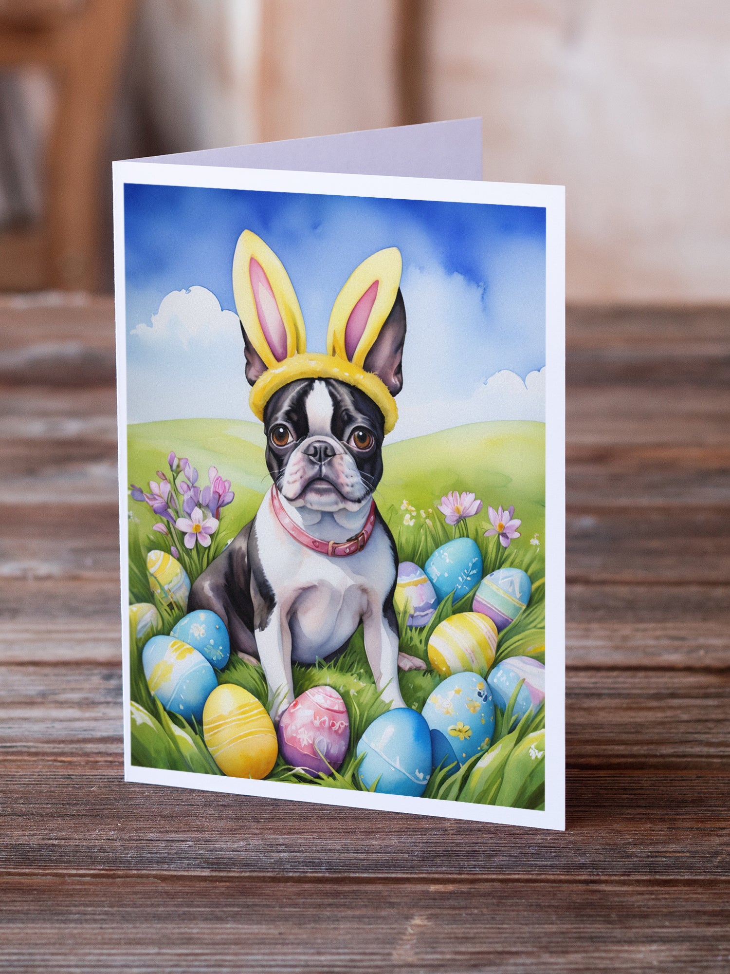 Buy this Boston Terrier Easter Egg Hunt Greeting Cards Pack of 8