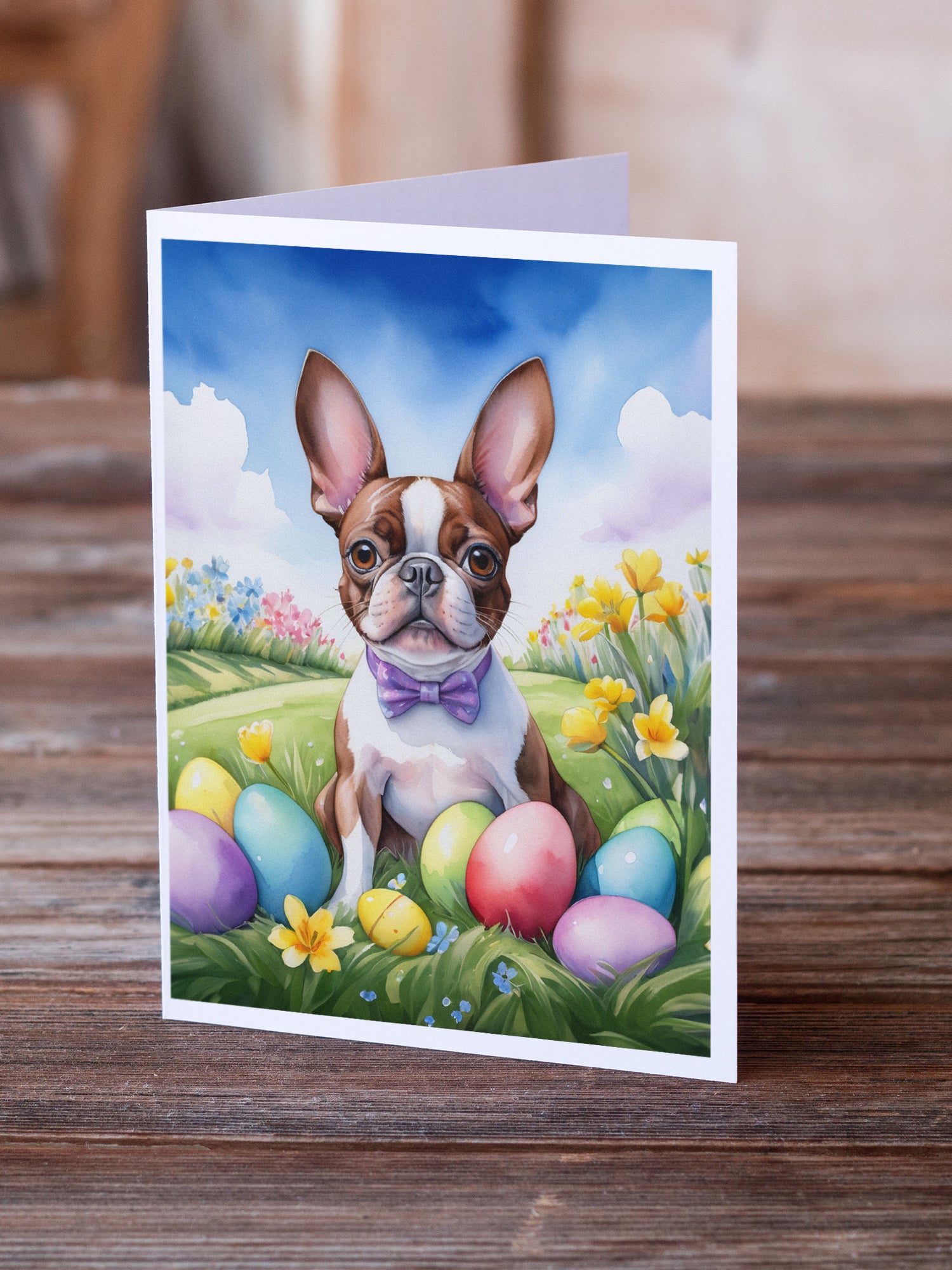 Buy this Boston Terrier Easter Egg Hunt Greeting Cards Pack of 8