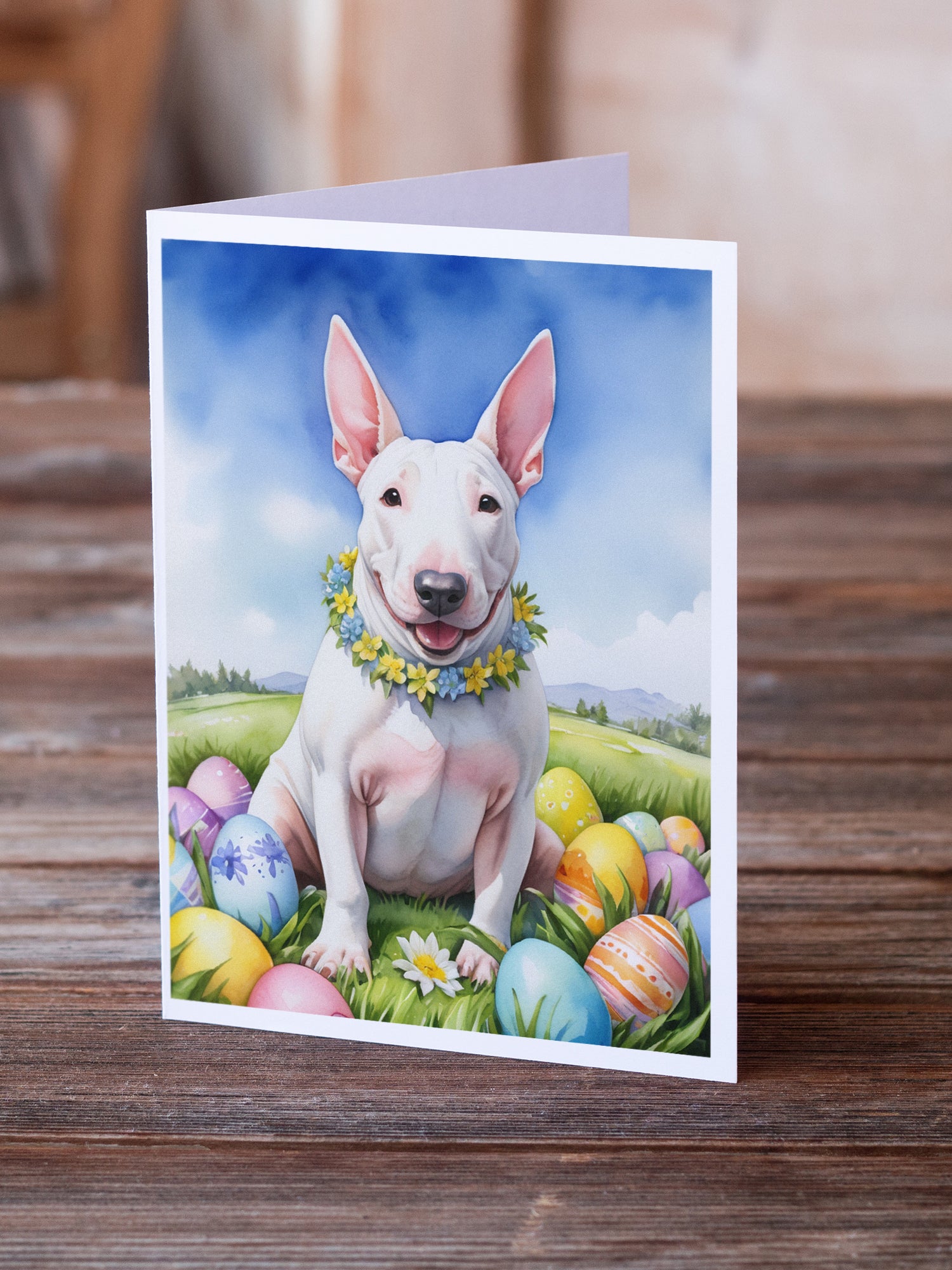 Buy this English Bull Terrier Easter Egg Hunt Greeting Cards Pack of 8