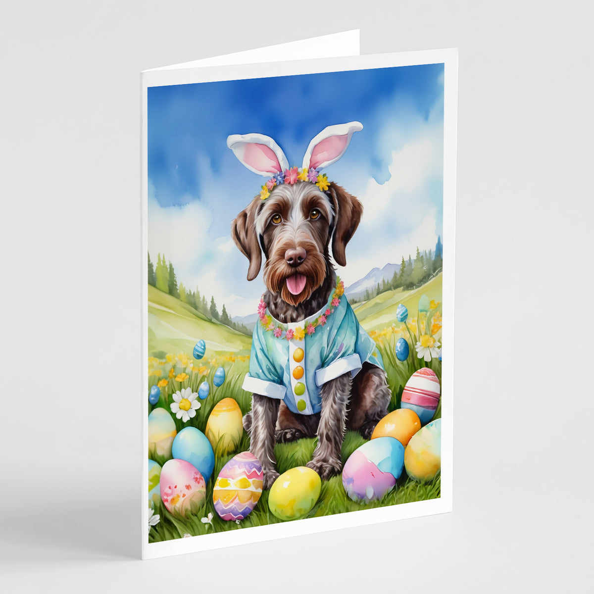 Buy this German Wirehaired Pointer Easter Egg Hunt Greeting Cards Pack of 8