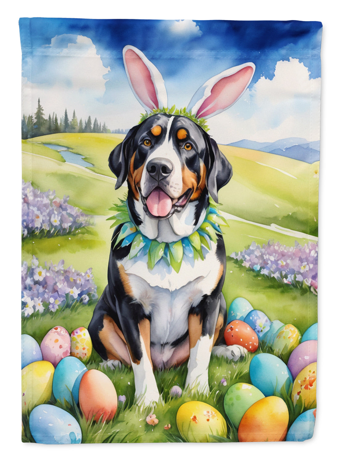 Buy this Greater Swiss Mountain Dog Easter Egg Hunt Garden Flag