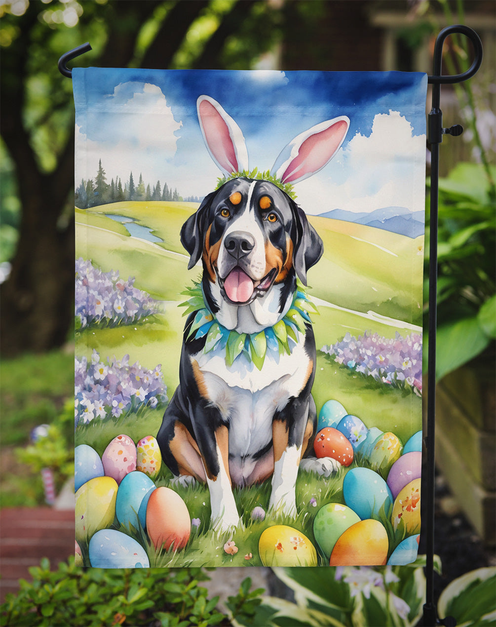 Greater Swiss Mountain Dog Easter Egg Hunt Garden Flag