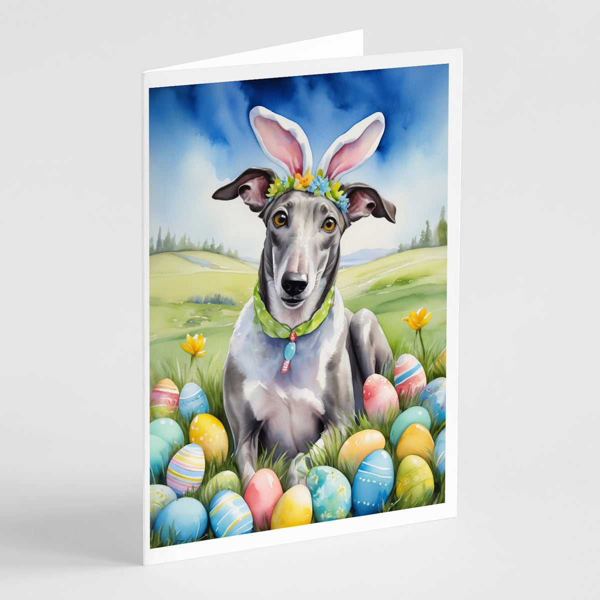 Buy this Greyhound Easter Egg Hunt Greeting Cards Pack of 8