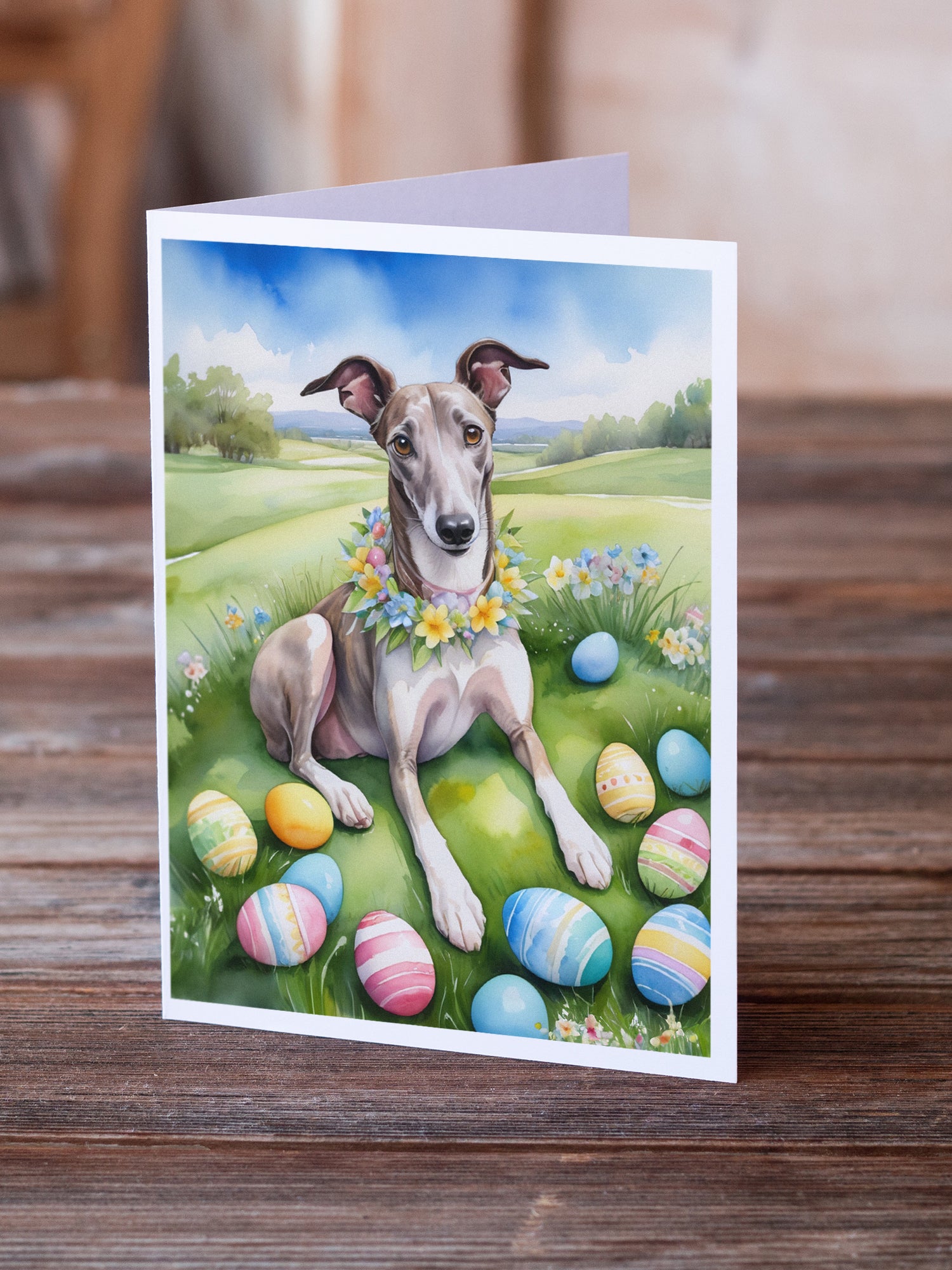 Buy this Greyhound Easter Egg Hunt Greeting Cards Pack of 8