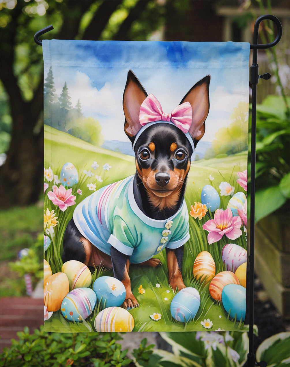 Miniature Pinscher Easter Egg Hunt Garden Flag