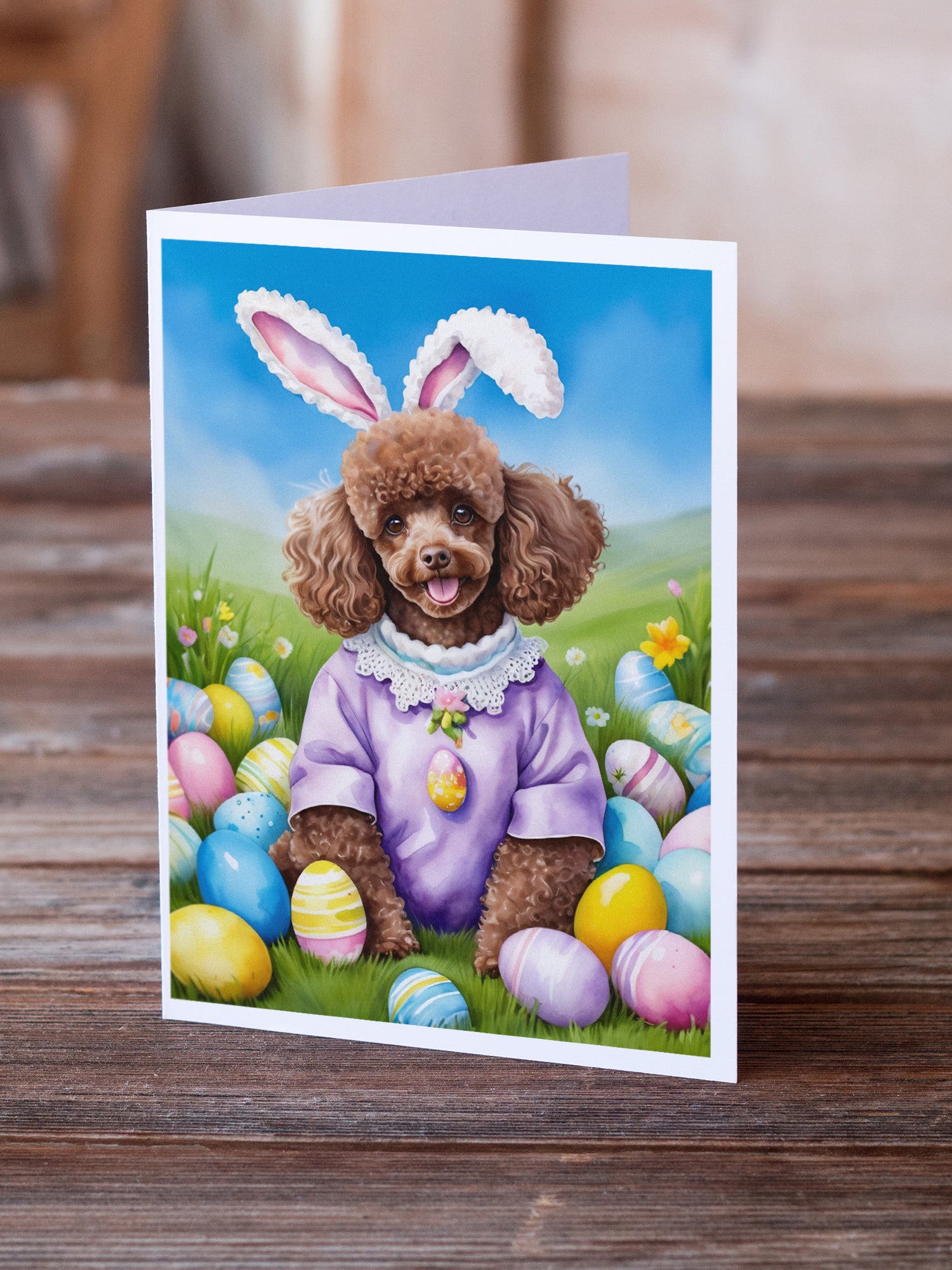 Chocolate Poodle Easter Egg Hunt Greeting Cards Pack of 8