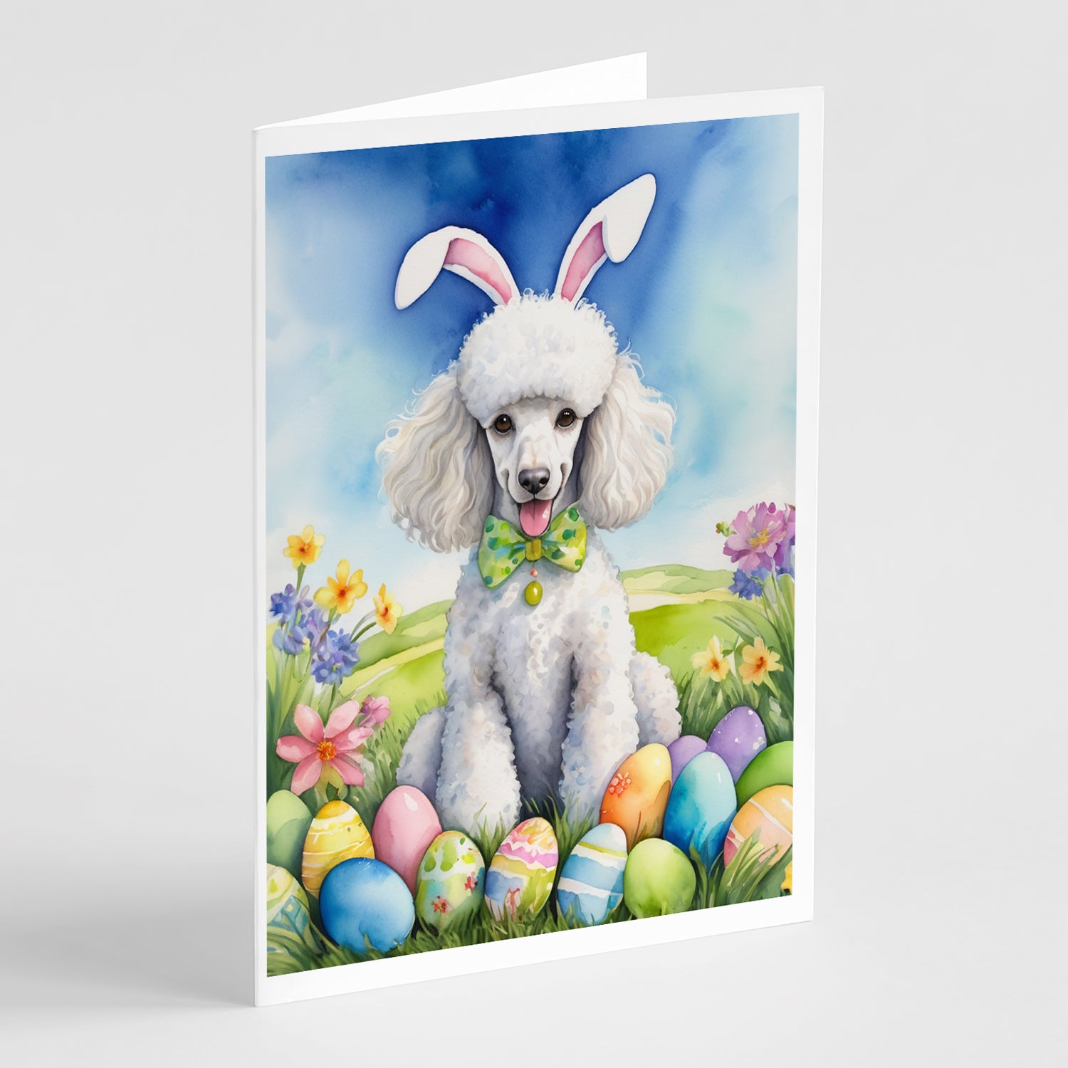 Buy this White Poodle Easter Egg Hunt Greeting Cards Pack of 8