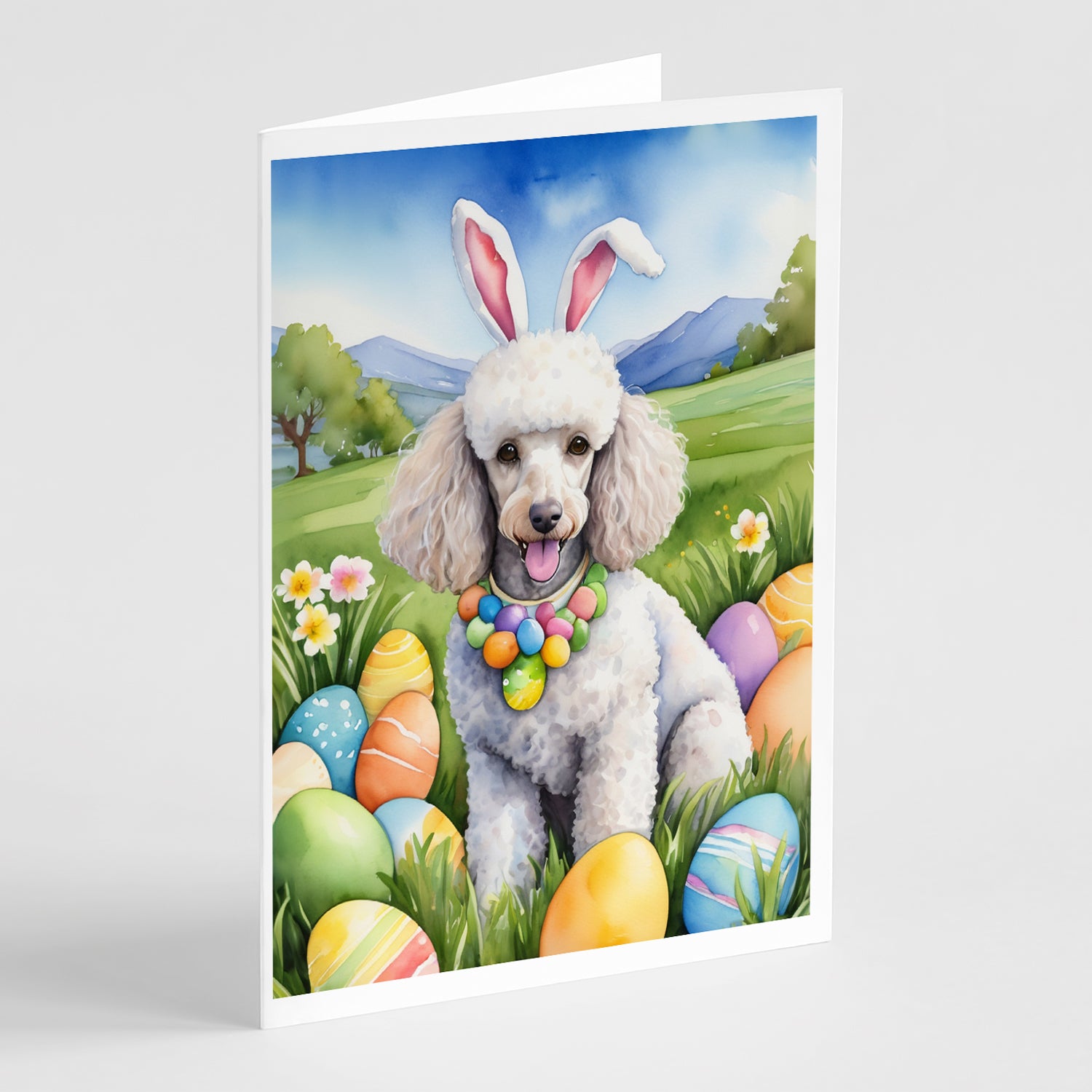 Buy this White Poodle Easter Egg Hunt Greeting Cards Pack of 8