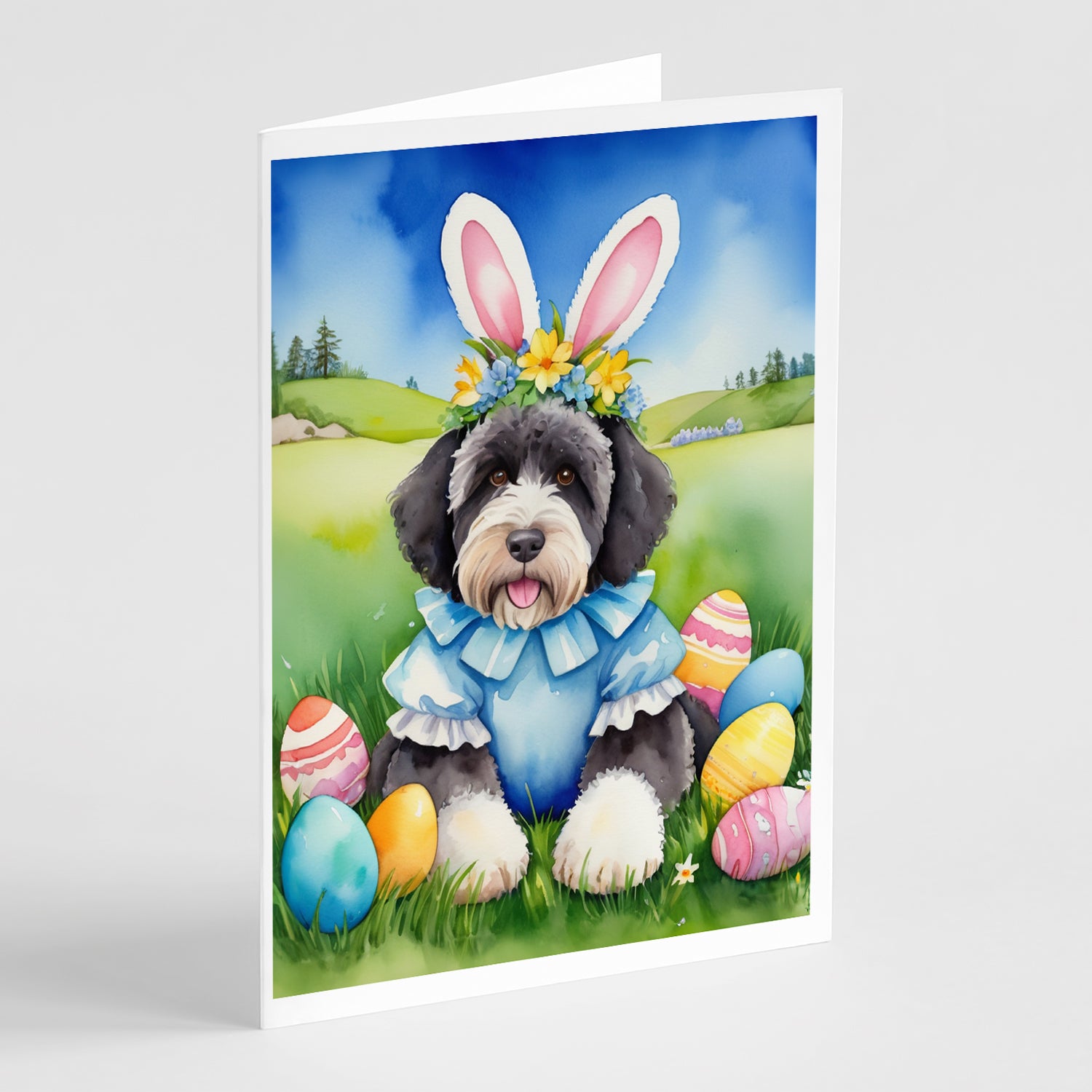 Buy this Portuguese Water Dog Easter Egg Hunt Greeting Cards Pack of 8