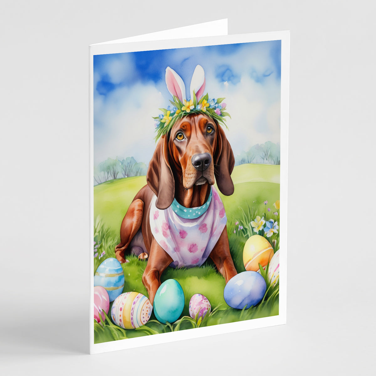 Buy this Redbone Coonhound Easter Egg Hunt Greeting Cards Pack of 8