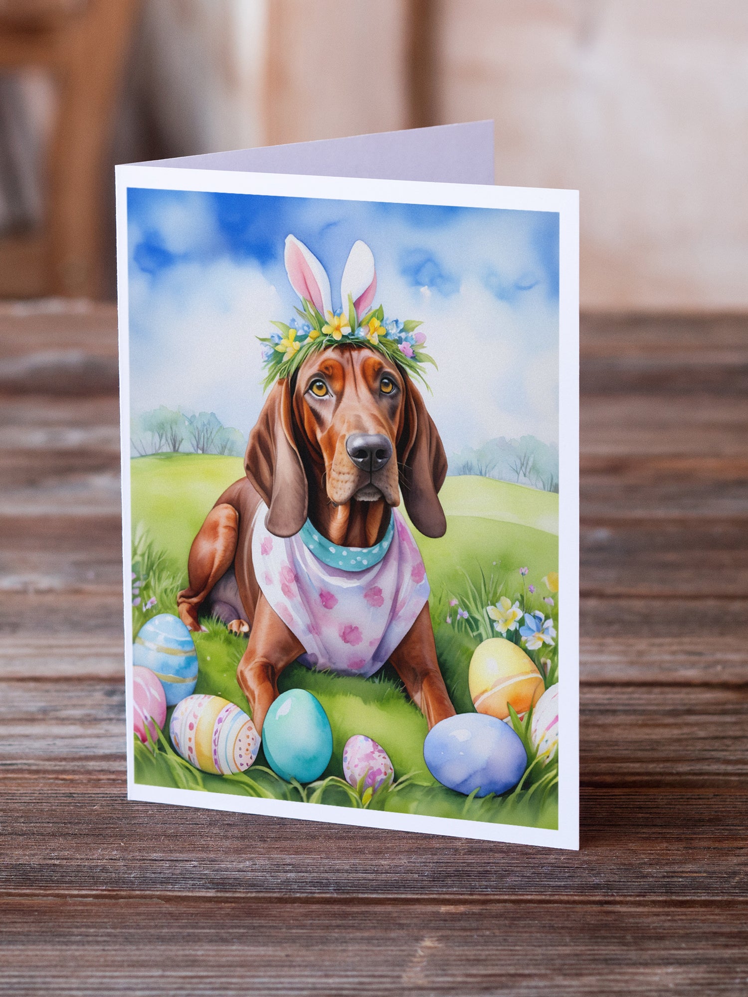 Buy this Redbone Coonhound Easter Egg Hunt Greeting Cards Pack of 8