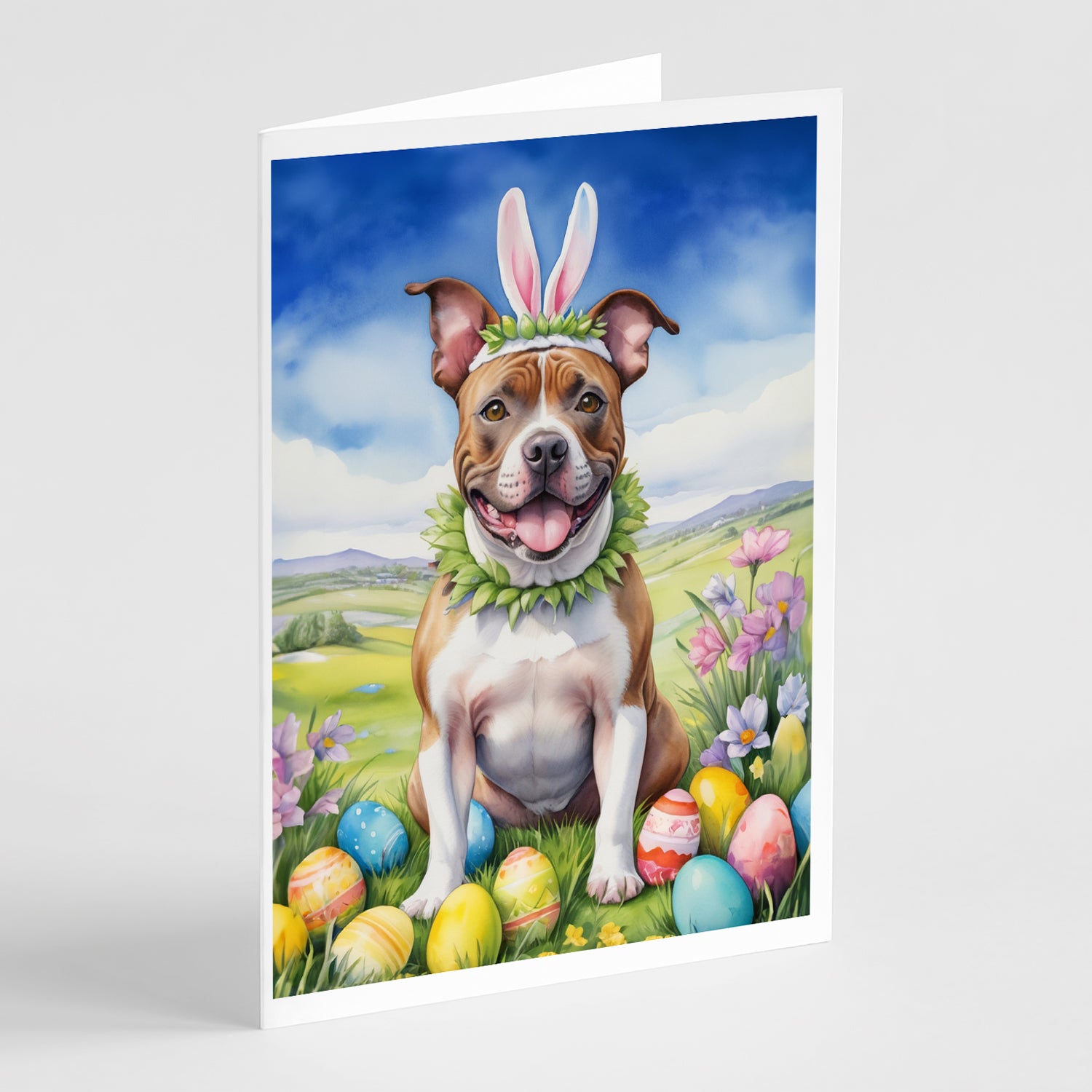 Buy this Staffordshire Bull Terrier Easter Egg Hunt Greeting Cards Pack of 8