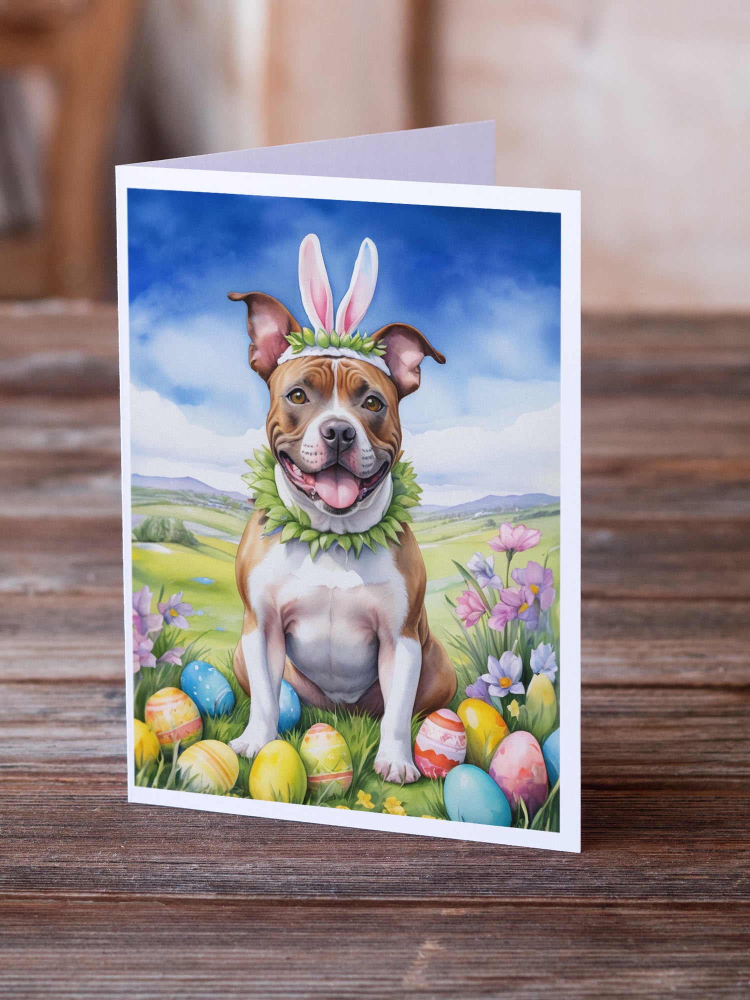 Buy this Staffordshire Bull Terrier Easter Egg Hunt Greeting Cards Pack of 8