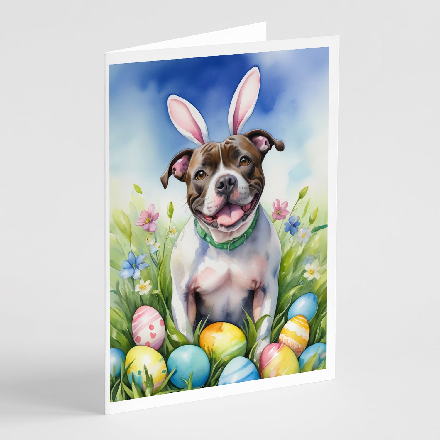 Buy this Staffordshire Bull Terrier Easter Egg Hunt Greeting Cards Pack of 8