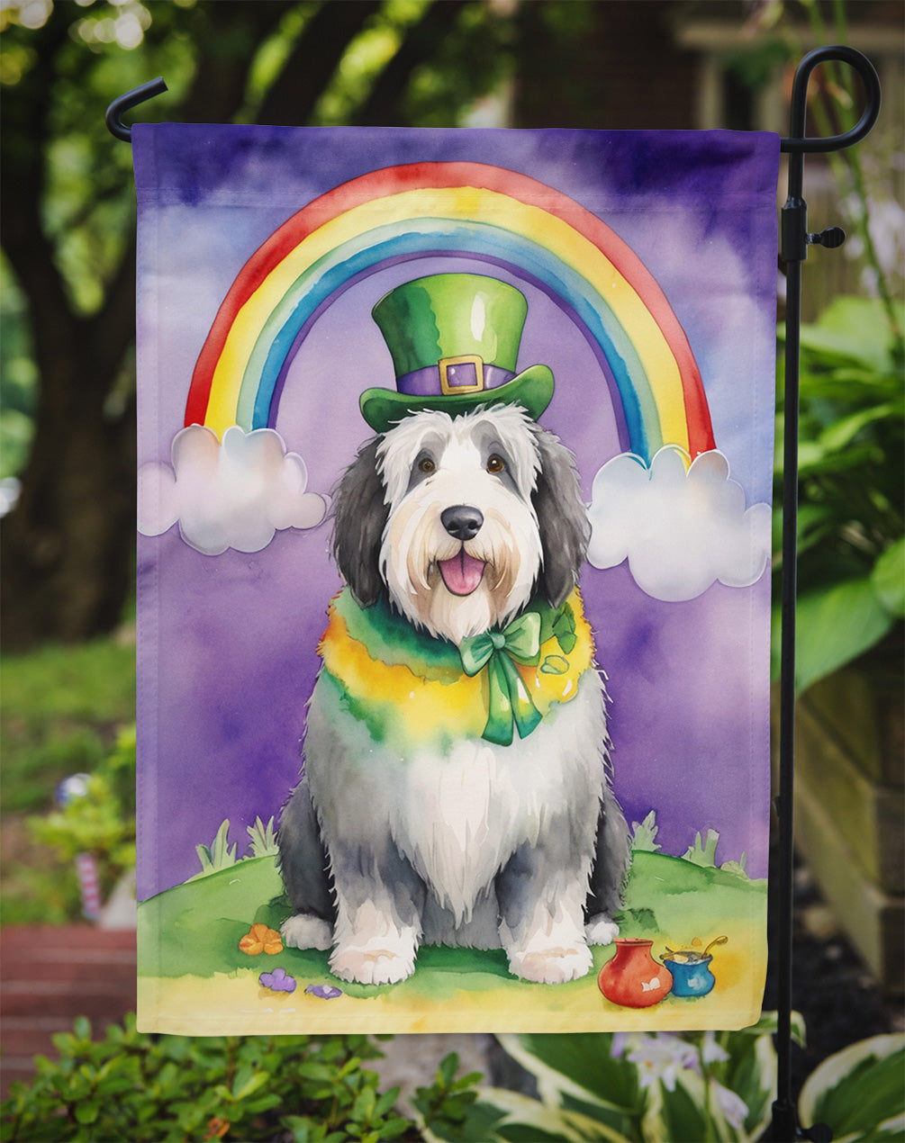 Old English Sheepdog St Patrick's Day Garden Flag