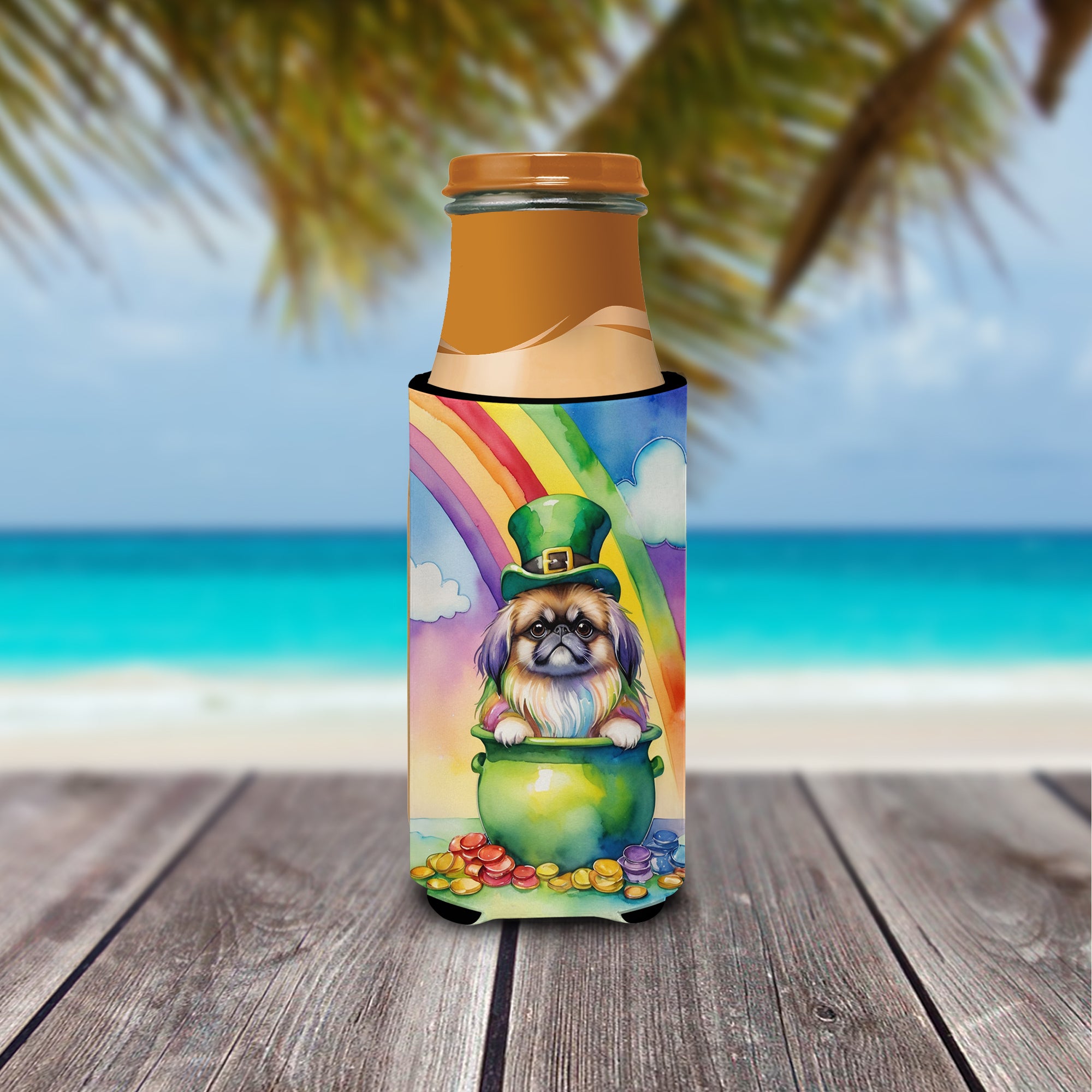 Pekingese St Patrick's Day Hugger for Ultra Slim Cans