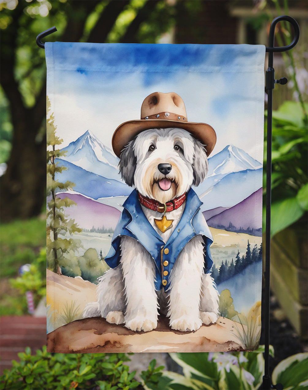 Old English Sheepdog Cowboy Welcome Garden Flag