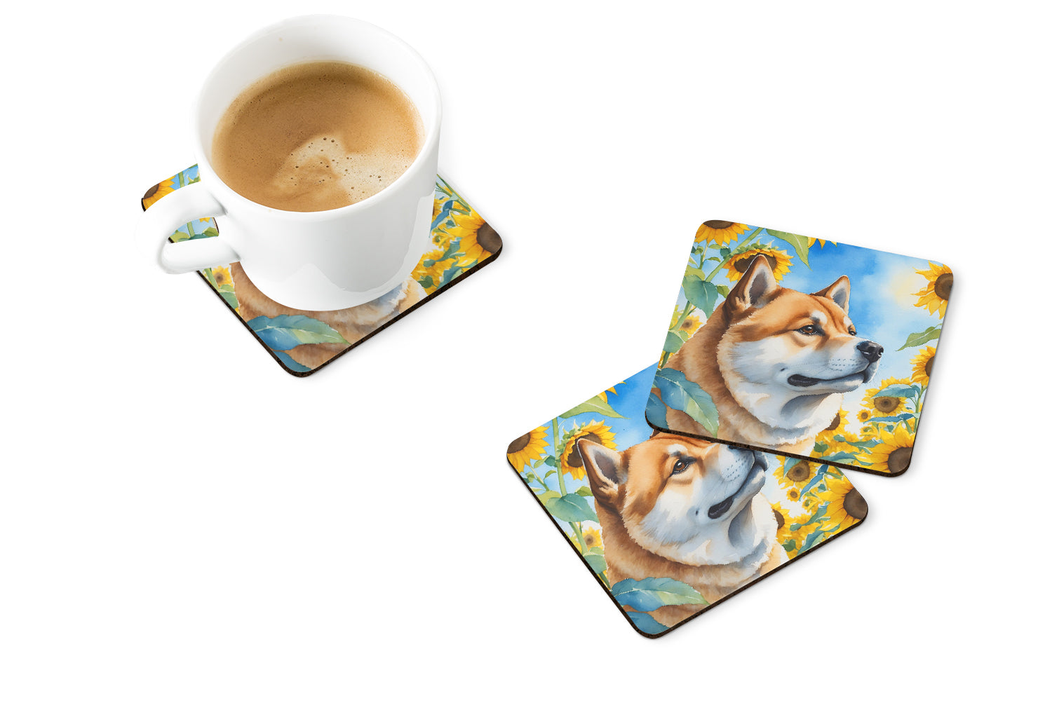 Buy this Akita in Sunflowers Foam Coasters