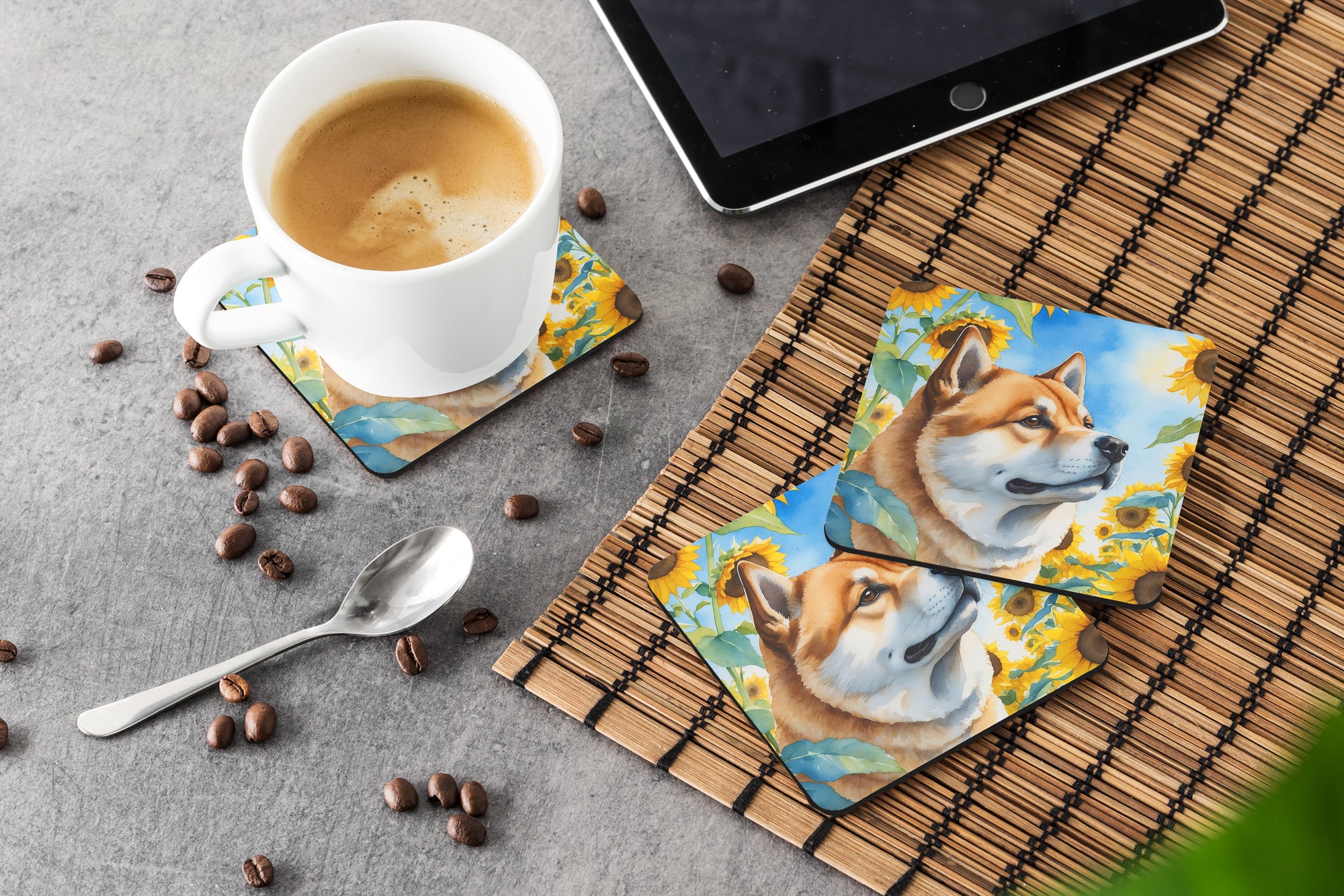 Akita in Sunflowers Foam Coasters