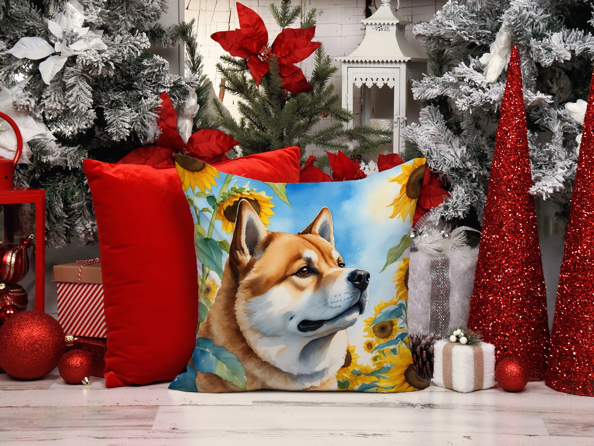 Akita in Sunflowers Throw Pillow