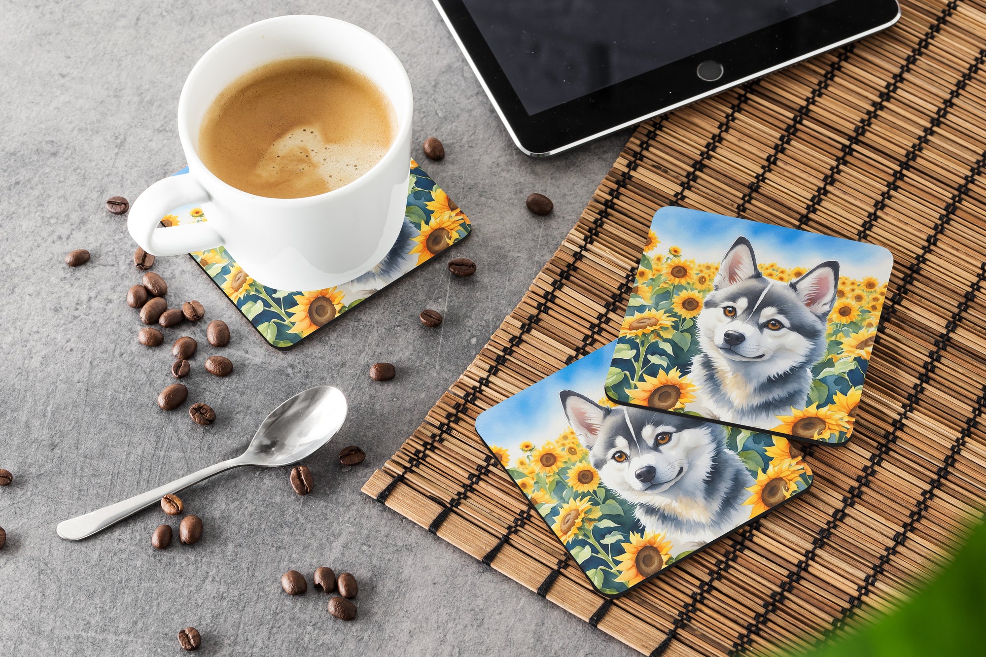 Alaskan Klee Kai in Sunflowers Foam Coasters