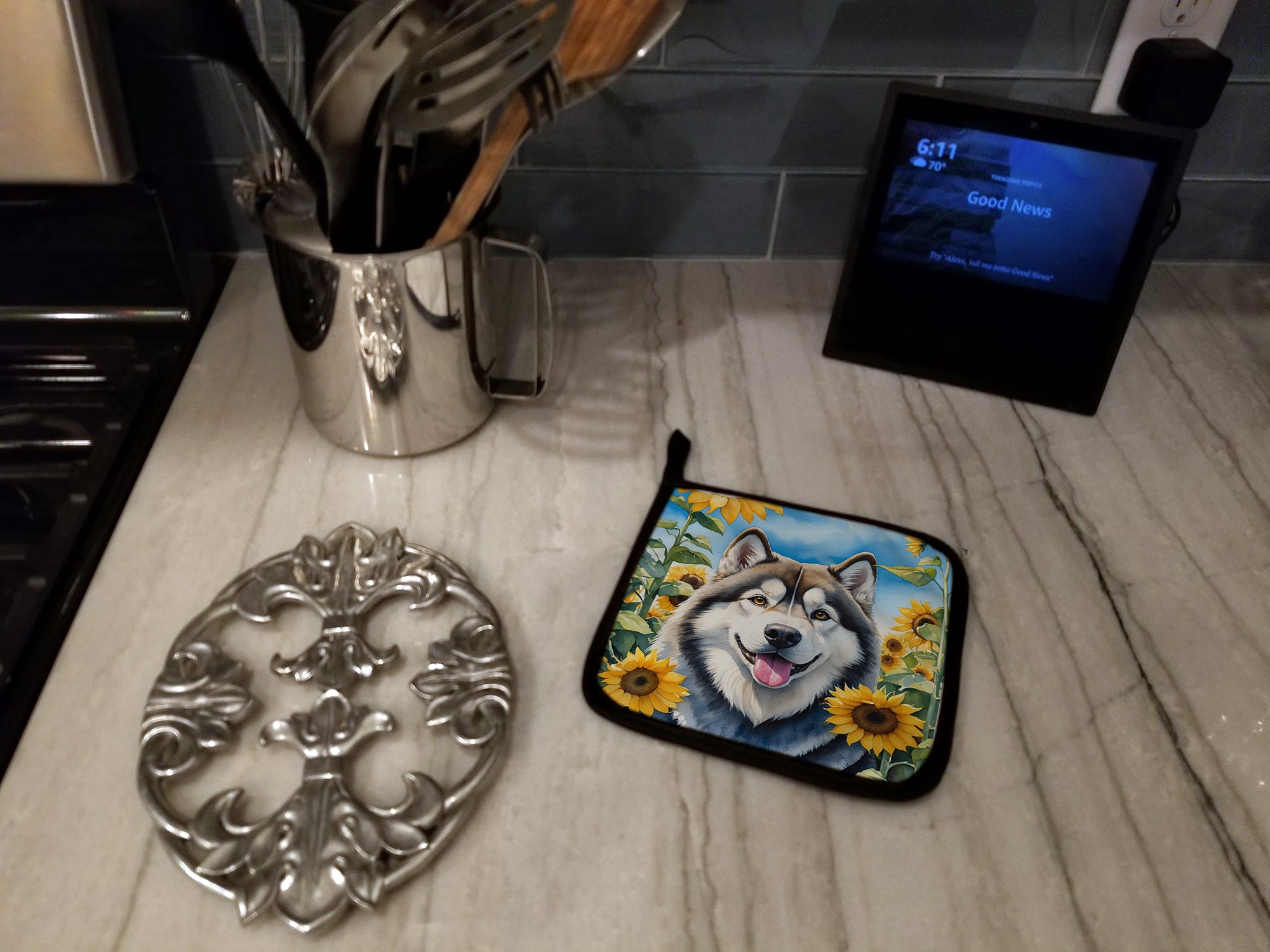 Alaskan Malamute in Sunflowers Pair of Pot Holders