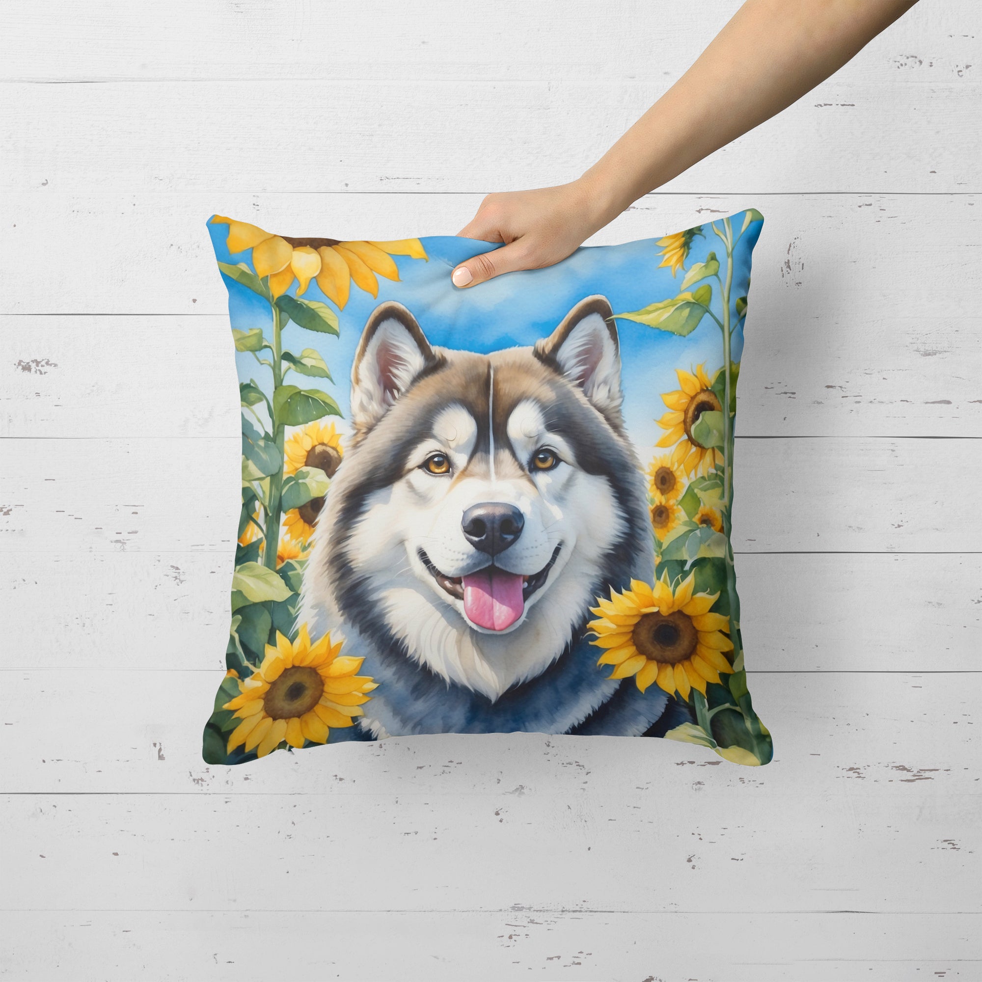 Buy this Alaskan Malamute in Sunflowers Throw Pillow