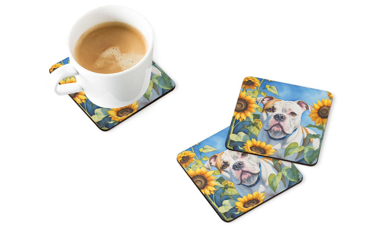 Buy this American Bulldog in Sunflowers Foam Coasters