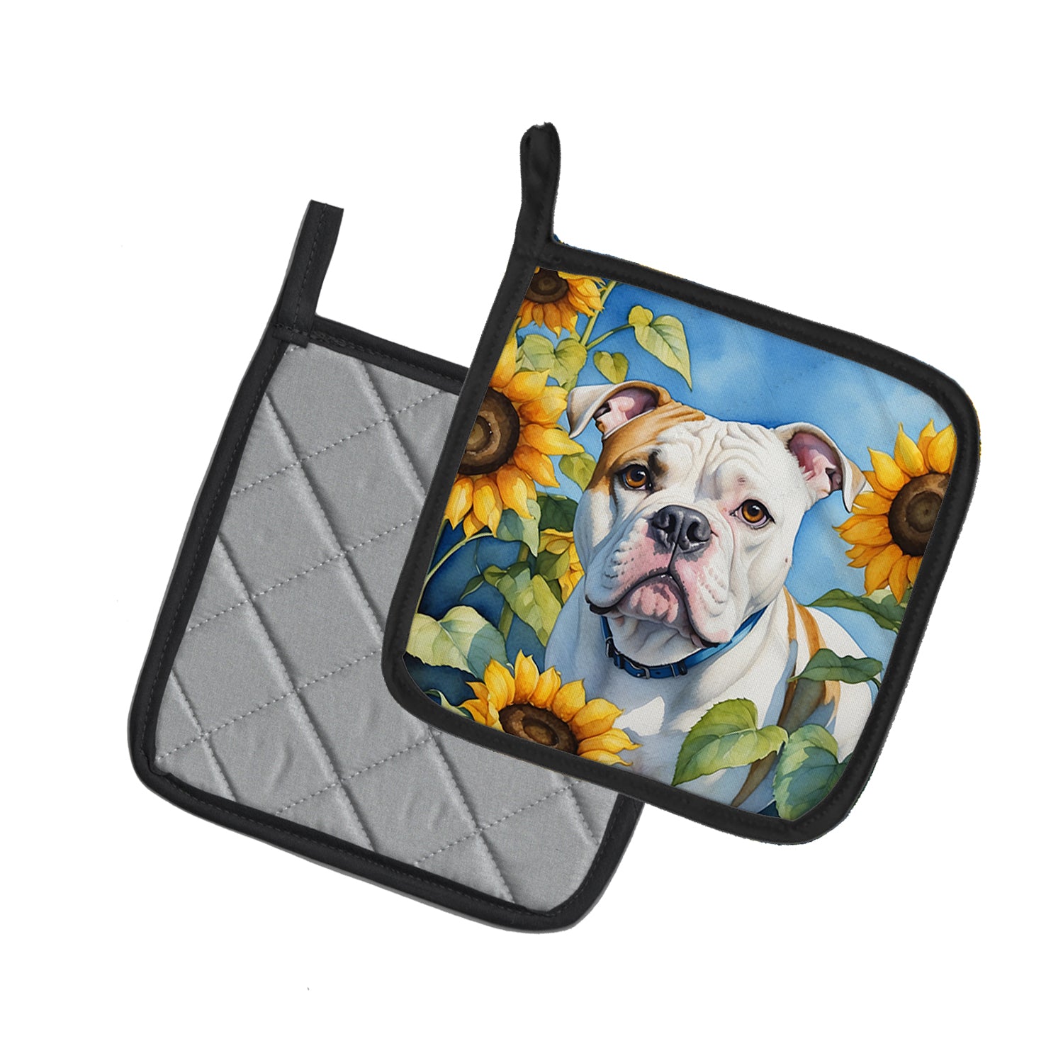 Buy this American Bulldog in Sunflowers Pair of Pot Holders