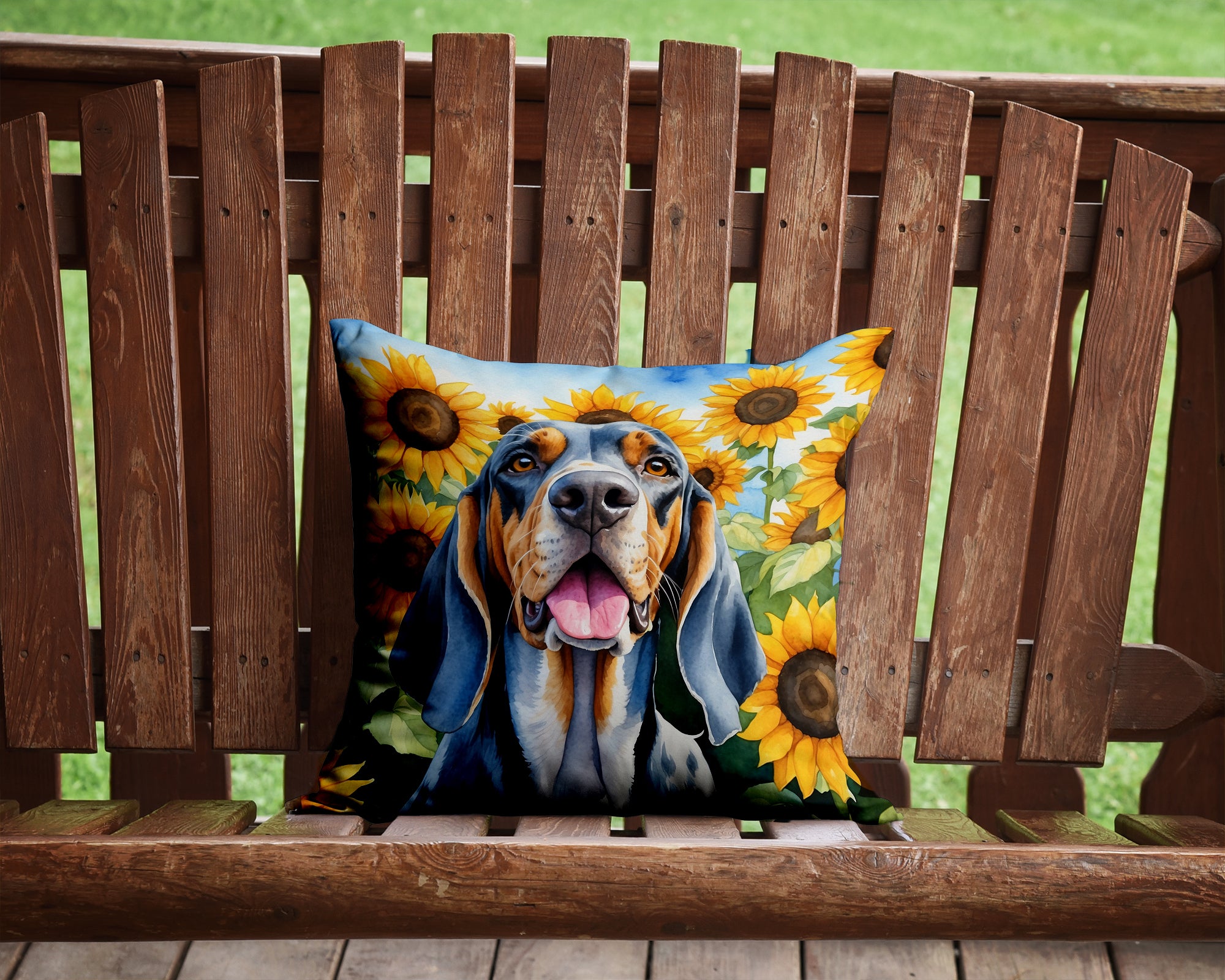 Buy this American English Coonhound in Sunflowers Throw Pillow