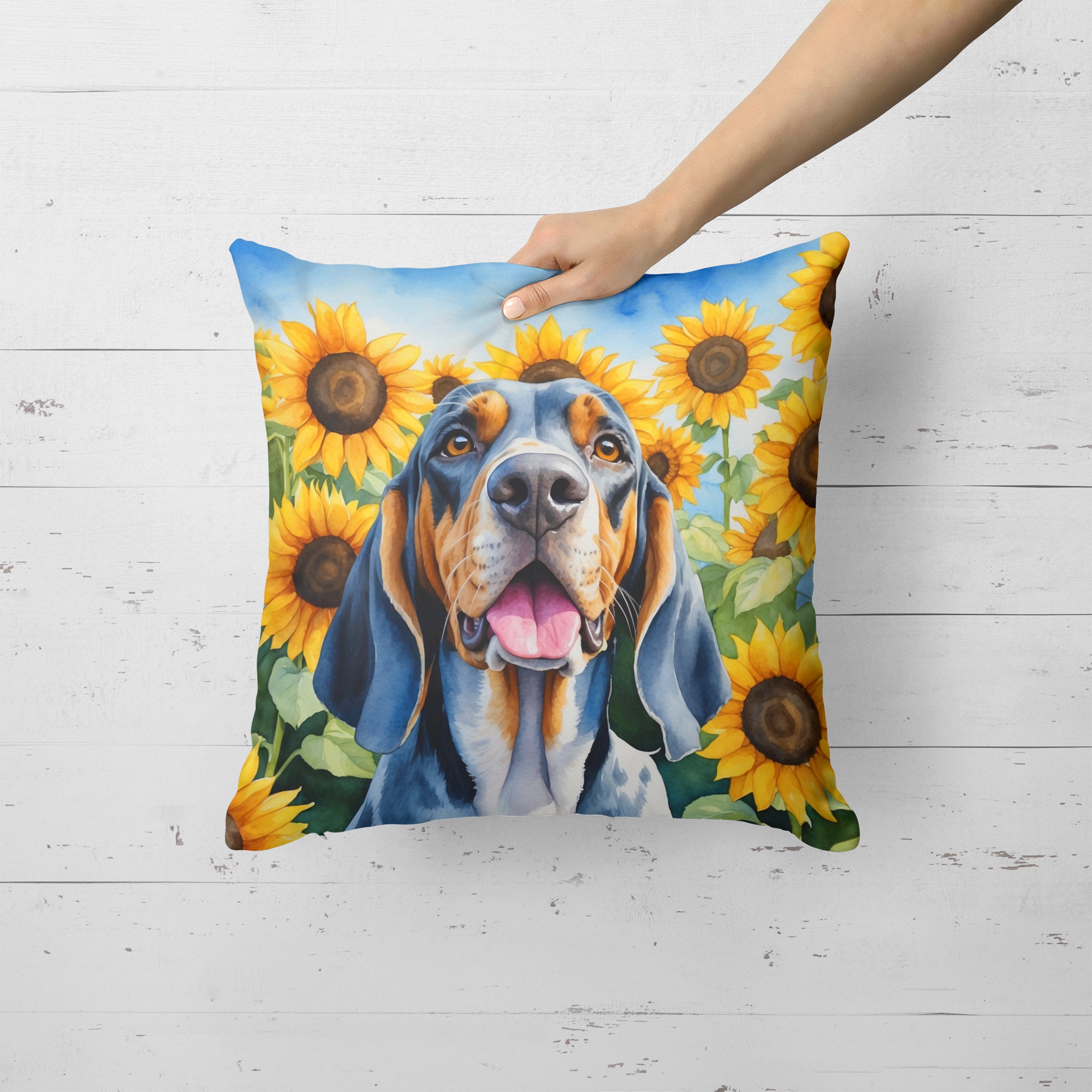 Buy this American English Coonhound in Sunflowers Throw Pillow