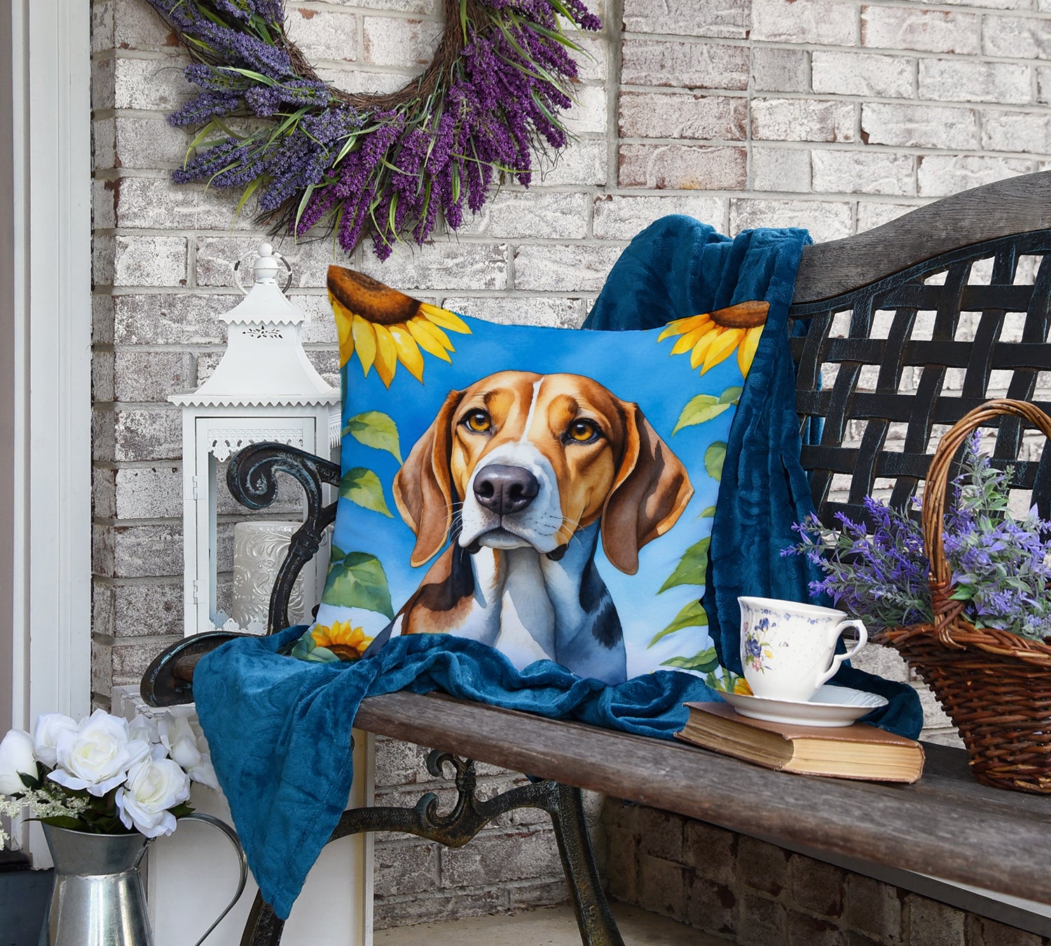 American Foxhound in Sunflowers Throw Pillow