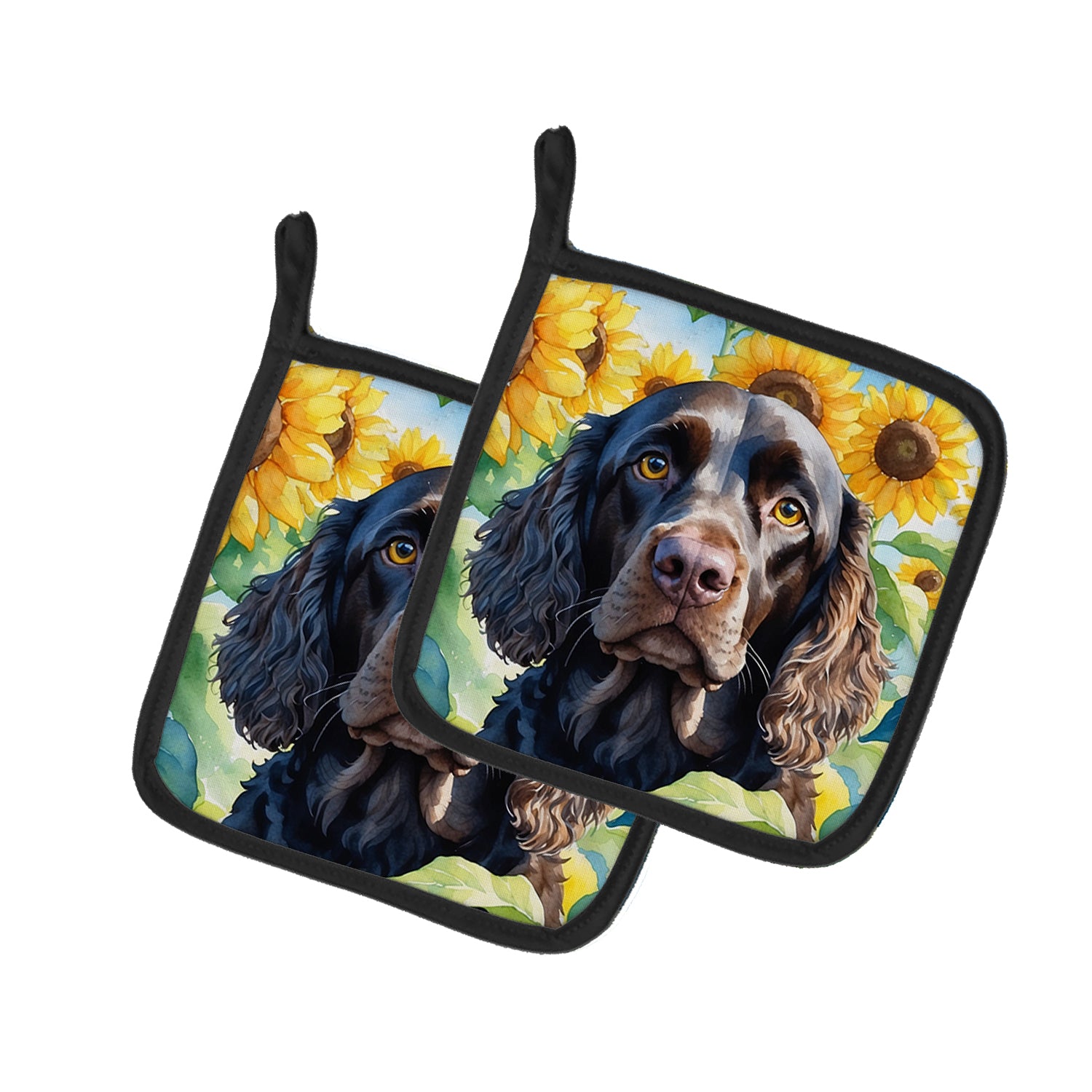 Buy this American Water Spaniel in Sunflowers Pair of Pot Holders