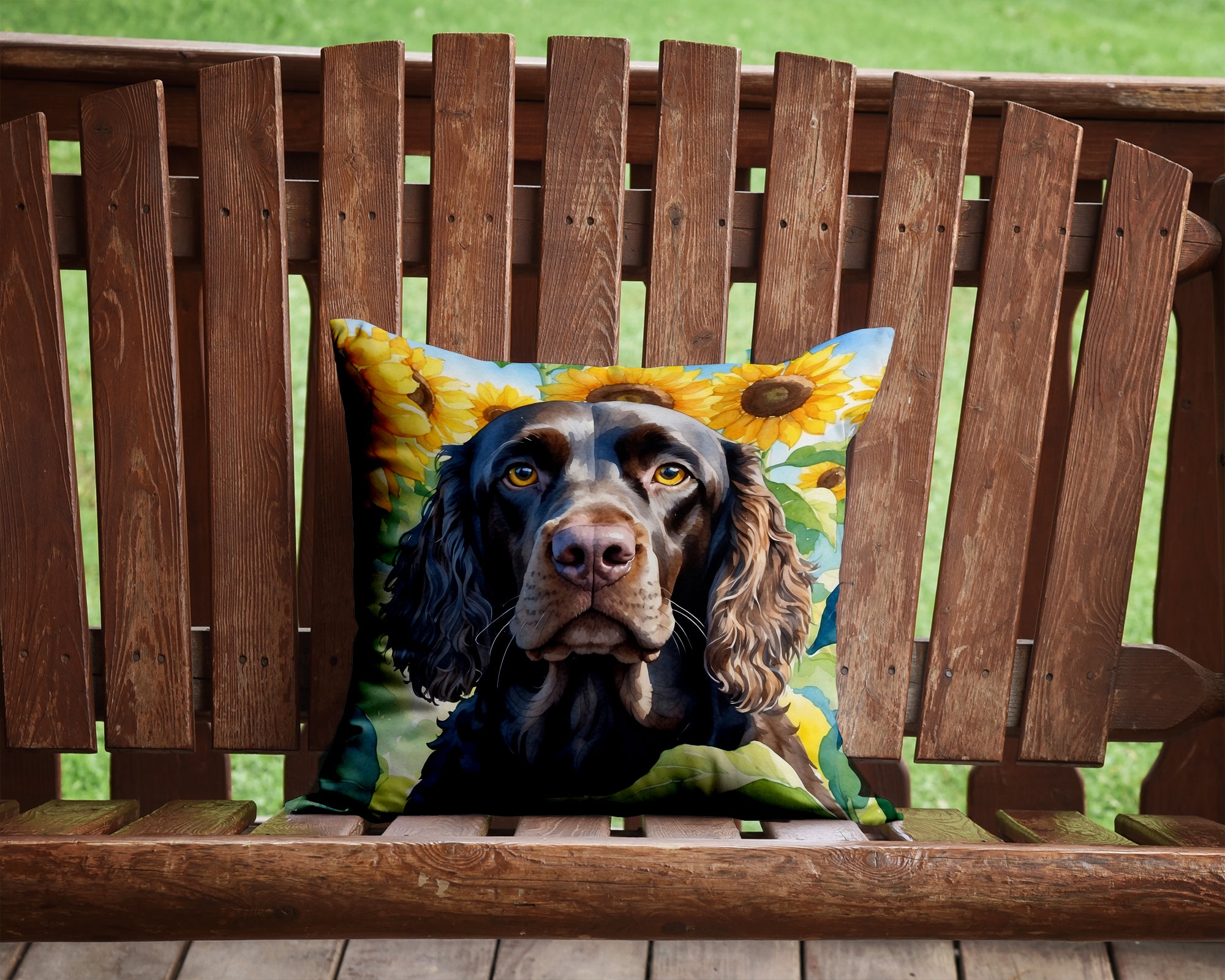 American Water Spaniel in Sunflowers Throw Pillow